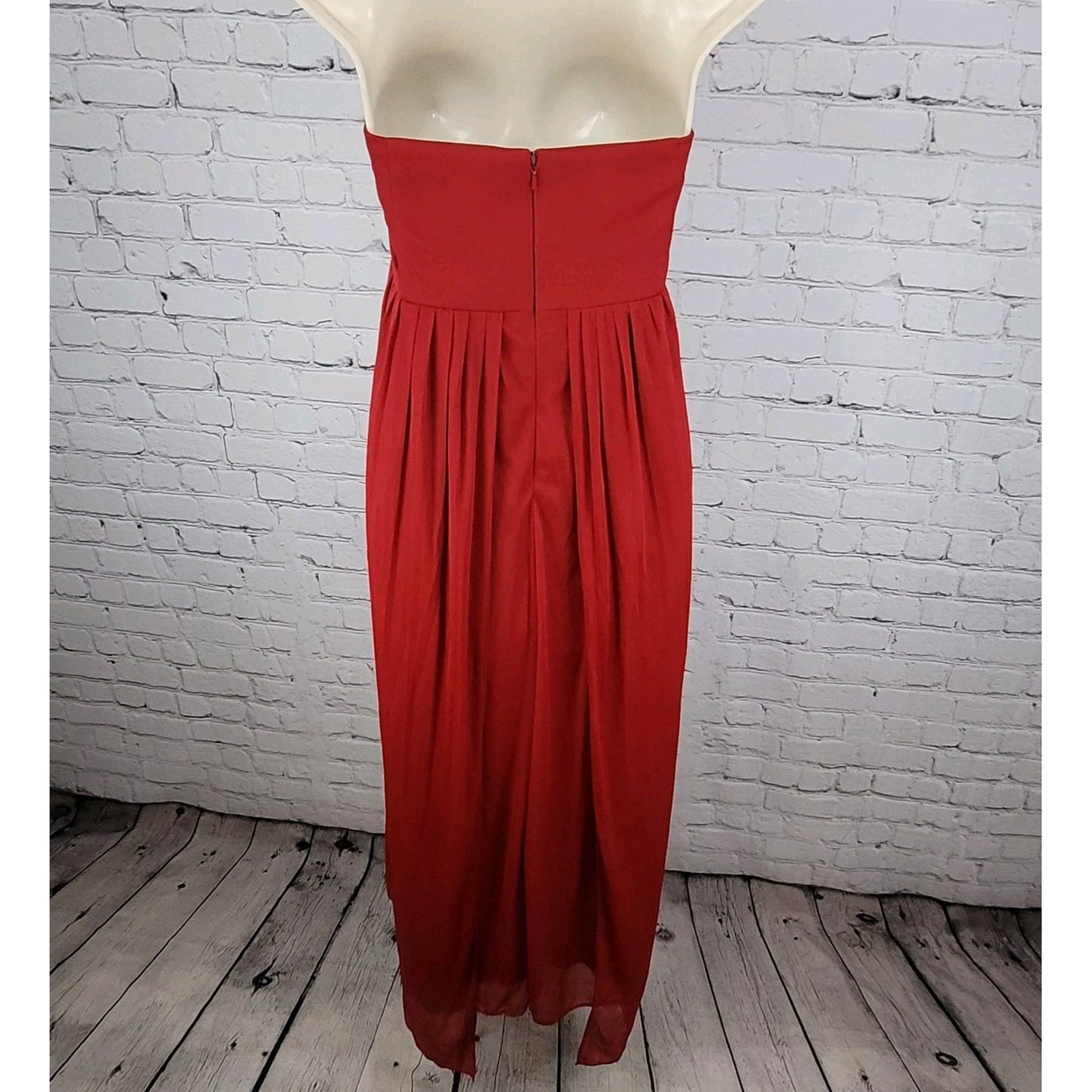 David's Bridal Apple Red Chiffon Empire Waist Pleated Strapless Gown Maxi Dress 18