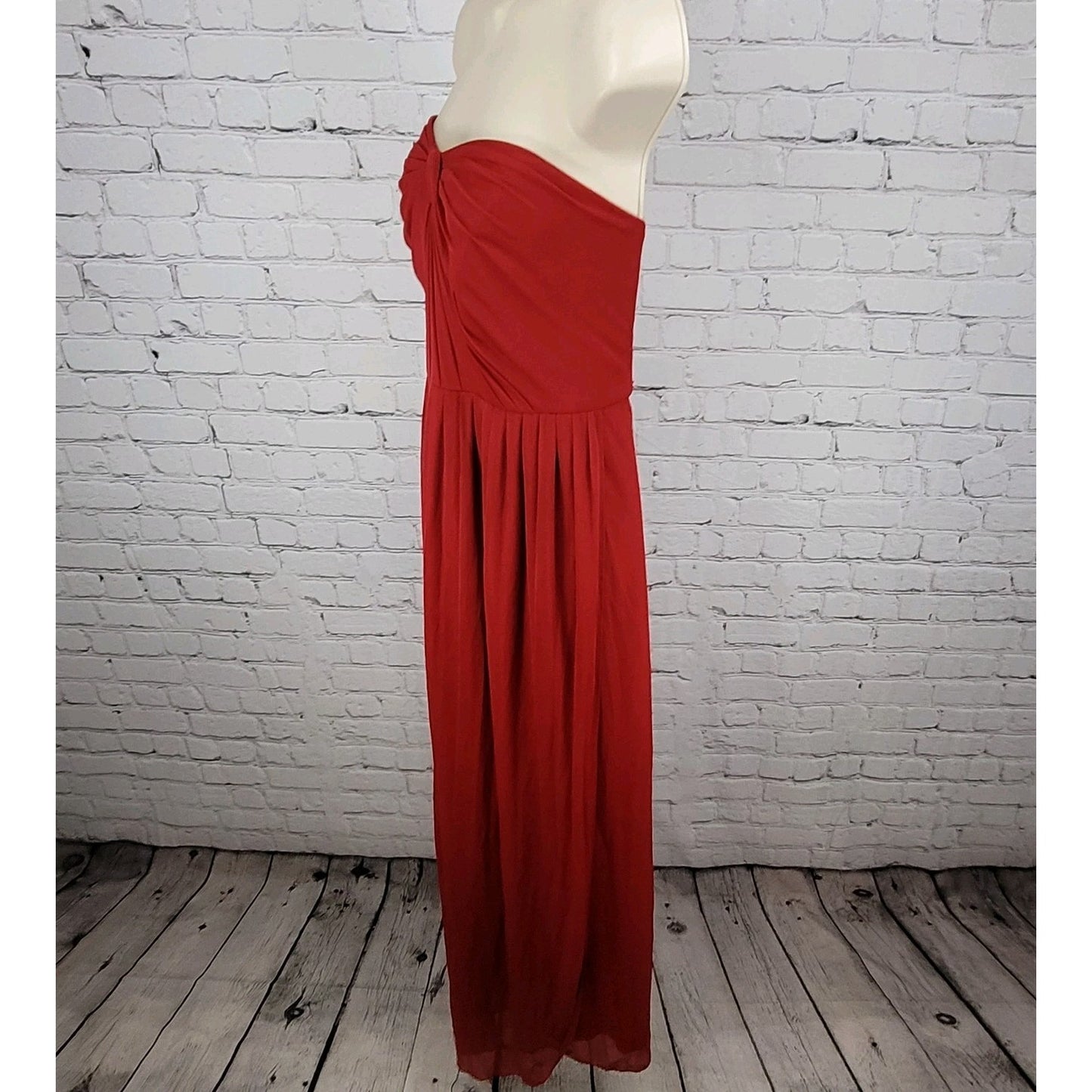 David's Bridal Apple Red Chiffon Empire Waist Pleated Strapless Gown Maxi Dress 18