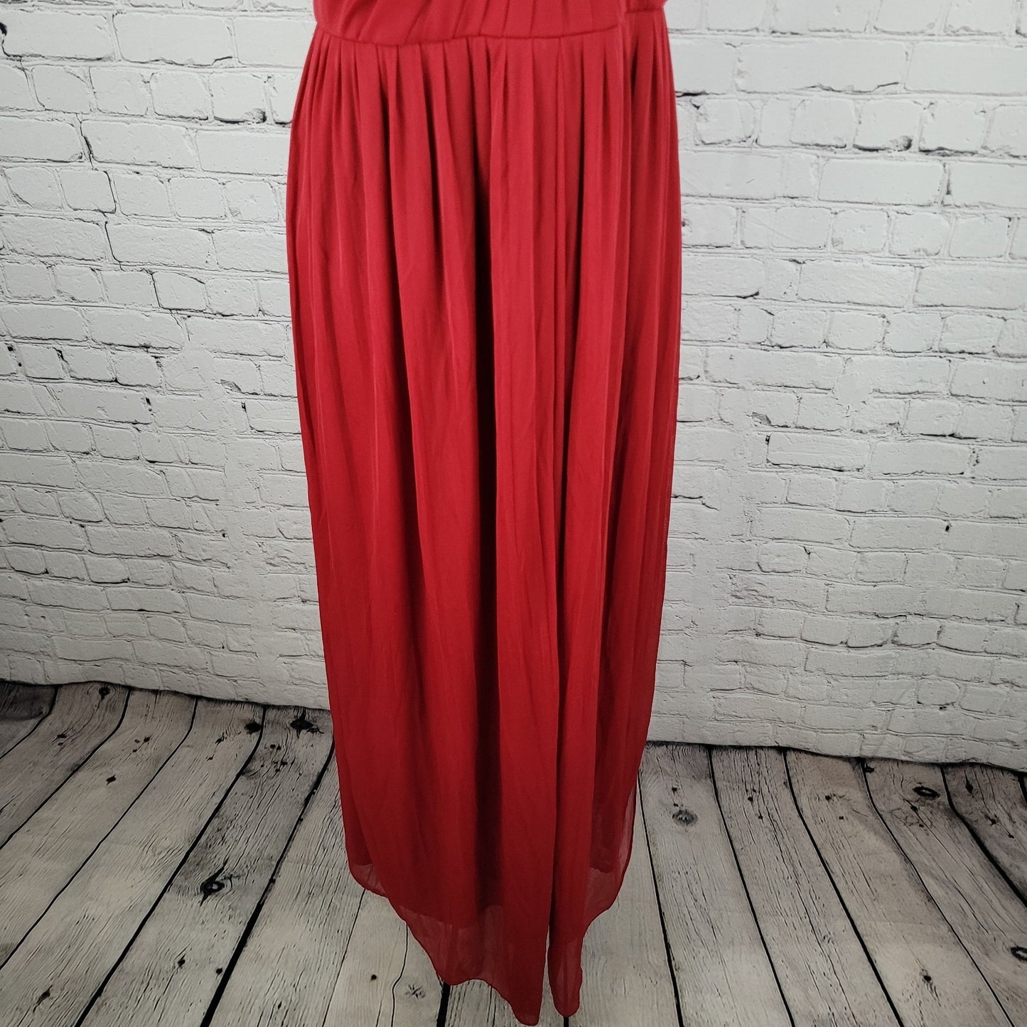 David's Bridal Apple Red Chiffon Empire Waist Pleated Strapless Gown Maxi Dress 18