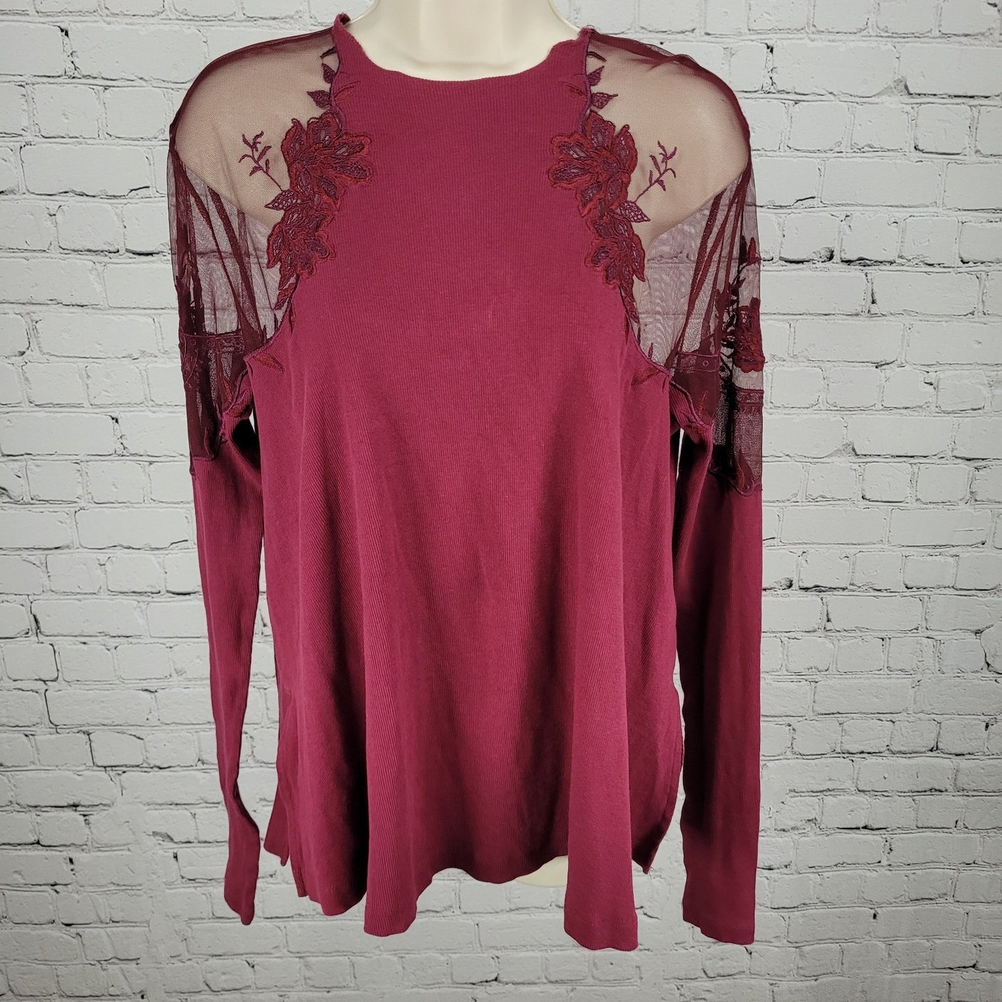 Free People Purple & Red Mesh Floral Embroidered Long Sleeve Top Size Small S