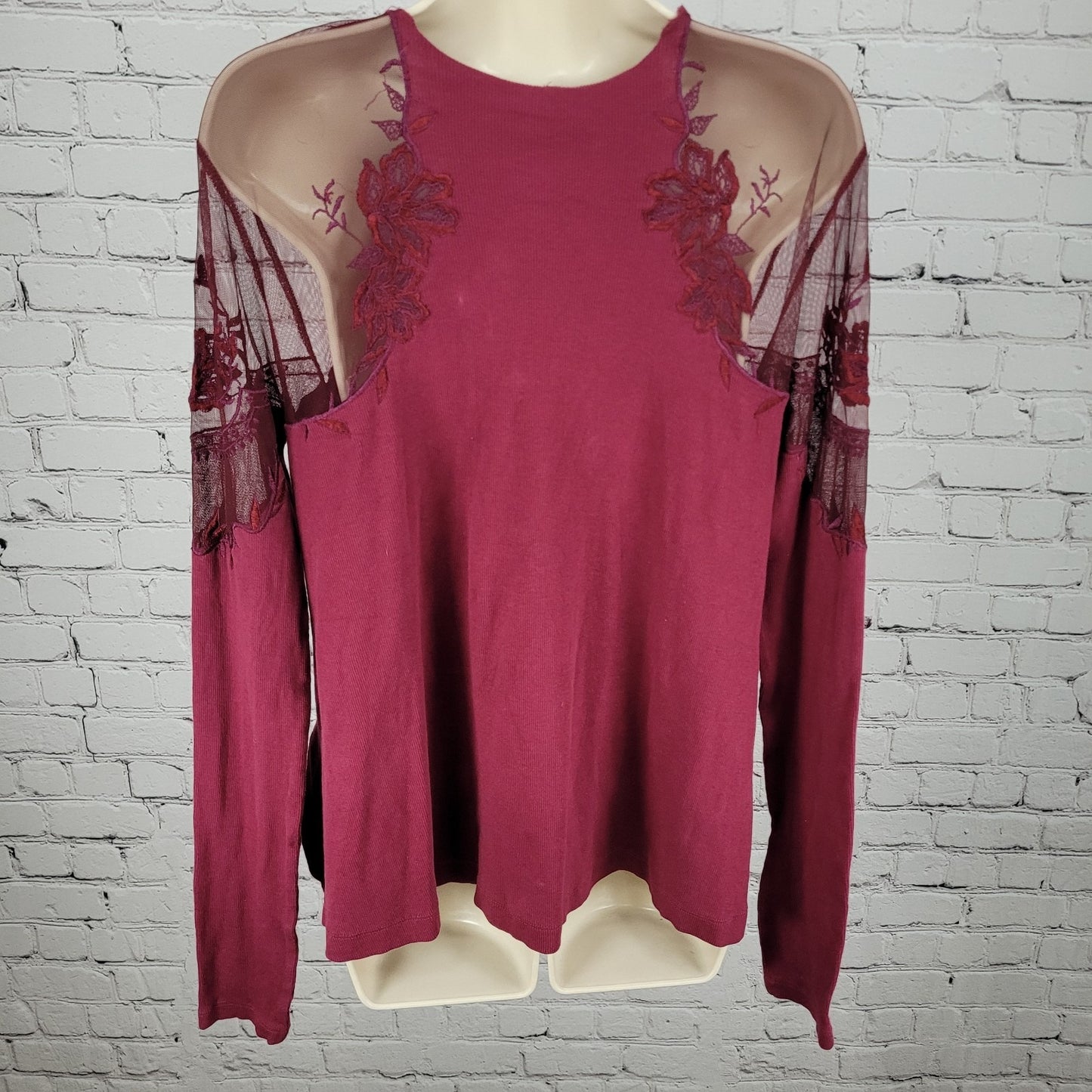 Free People Purple & Red Mesh Floral Embroidered Long Sleeve Top Size Small S