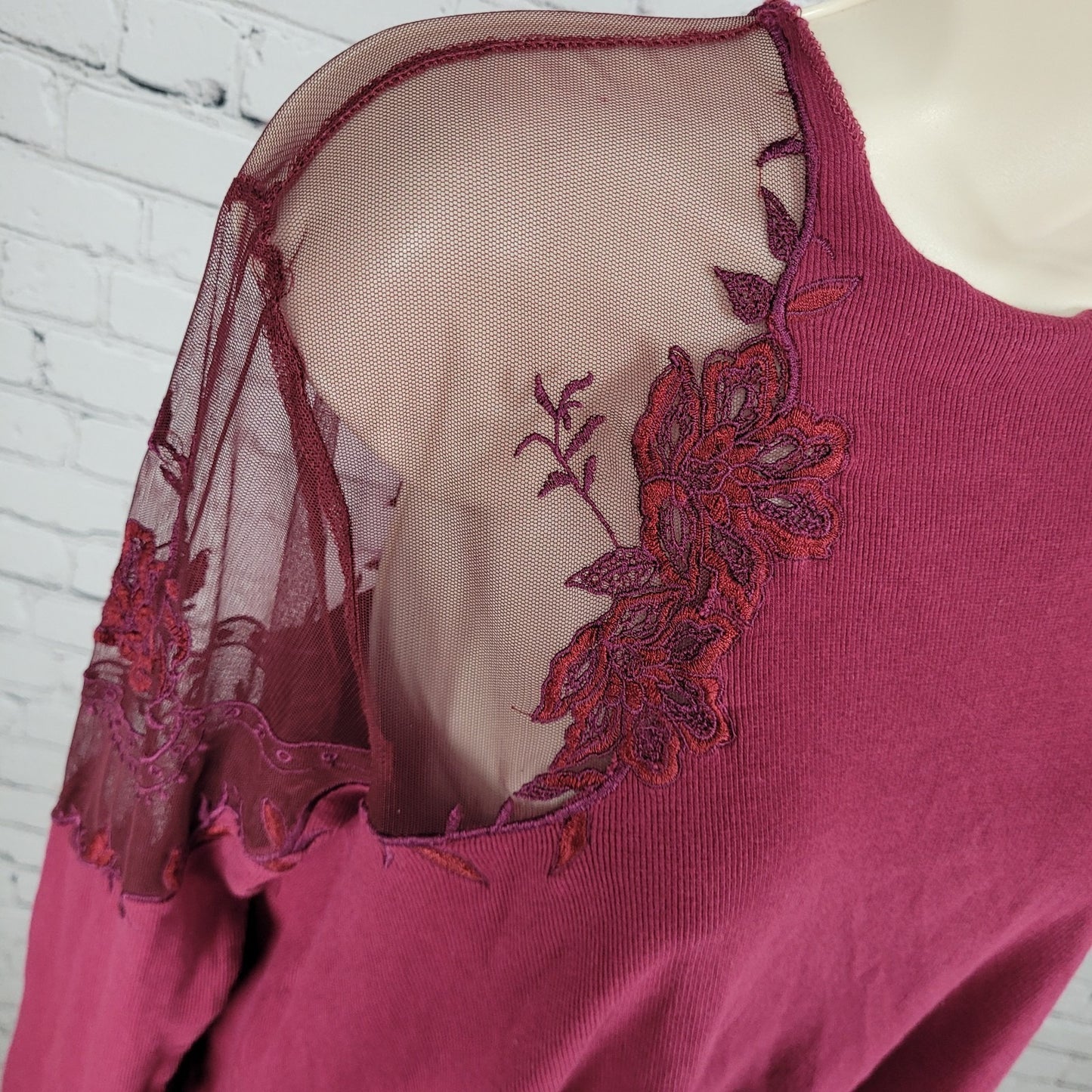 Free People Purple & Red Mesh Floral Embroidered Long Sleeve Top Size Small S