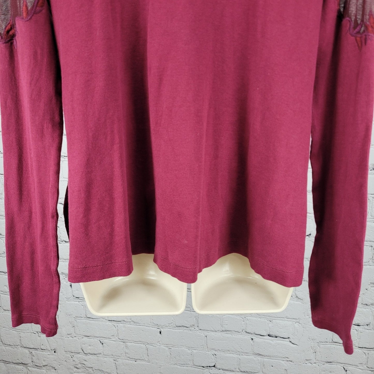 Free People Purple & Red Mesh Floral Embroidered Long Sleeve Top Size Small S