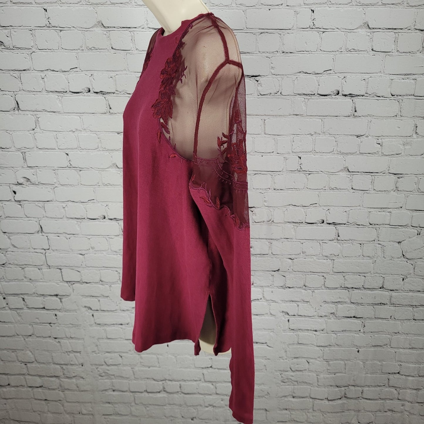 Free People Purple & Red Mesh Floral Embroidered Long Sleeve Top Size Small S