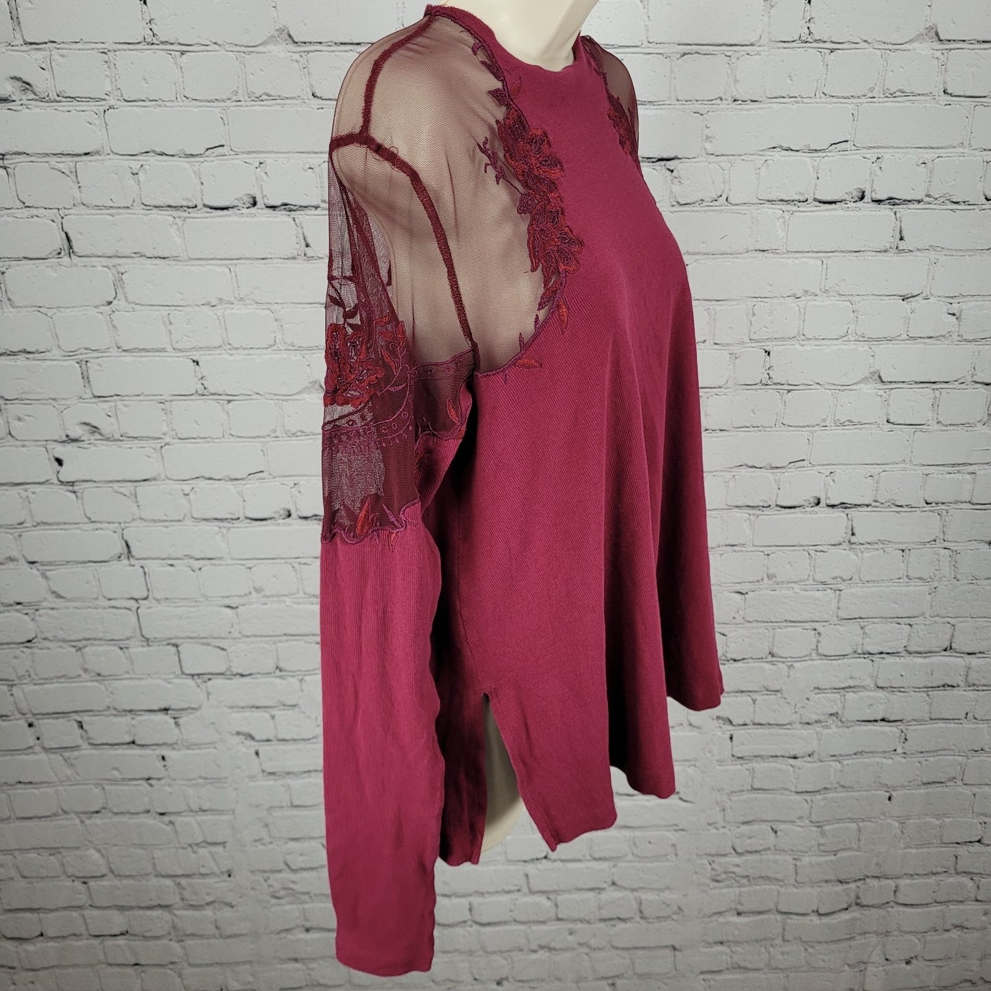 Free People Purple & Red Mesh Floral Embroidered Long Sleeve Top Size Small S