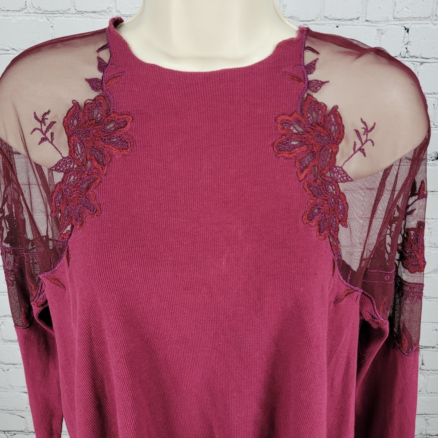Free People Purple & Red Mesh Floral Embroidered Long Sleeve Top Size Small S