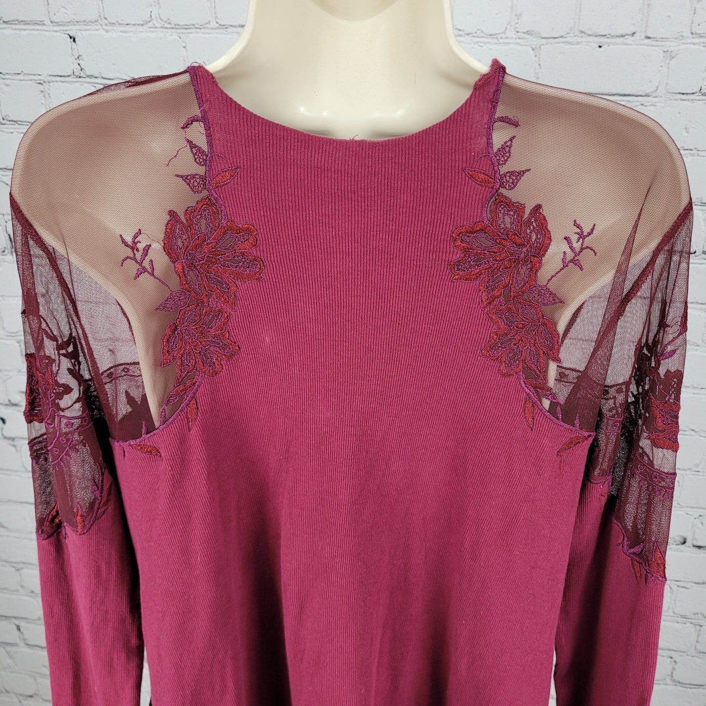 Free People Purple & Red Mesh Floral Embroidered Long Sleeve Top Size Small S