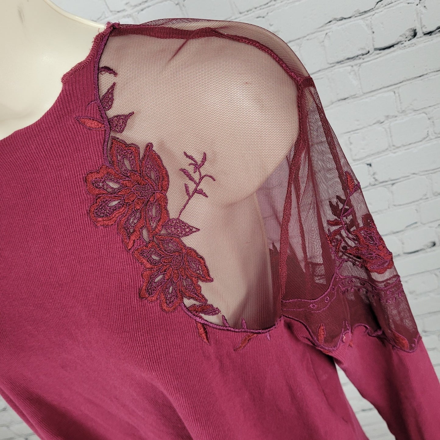 Free People Purple & Red Mesh Floral Embroidered Long Sleeve Top Size Small S
