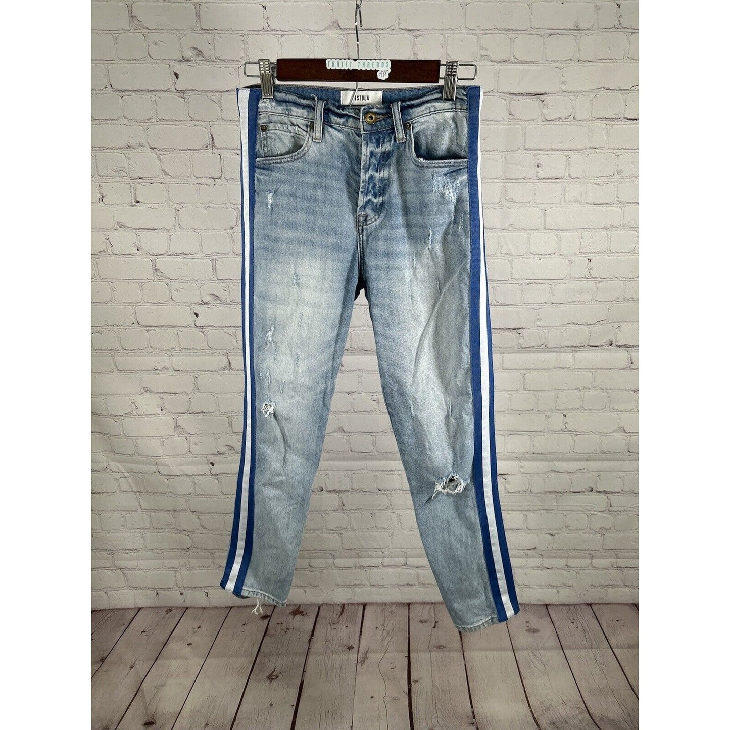 Pistola Side Stripe Distressed Light Wash Denim Tapered Jeans Women’s 25 (26x26)