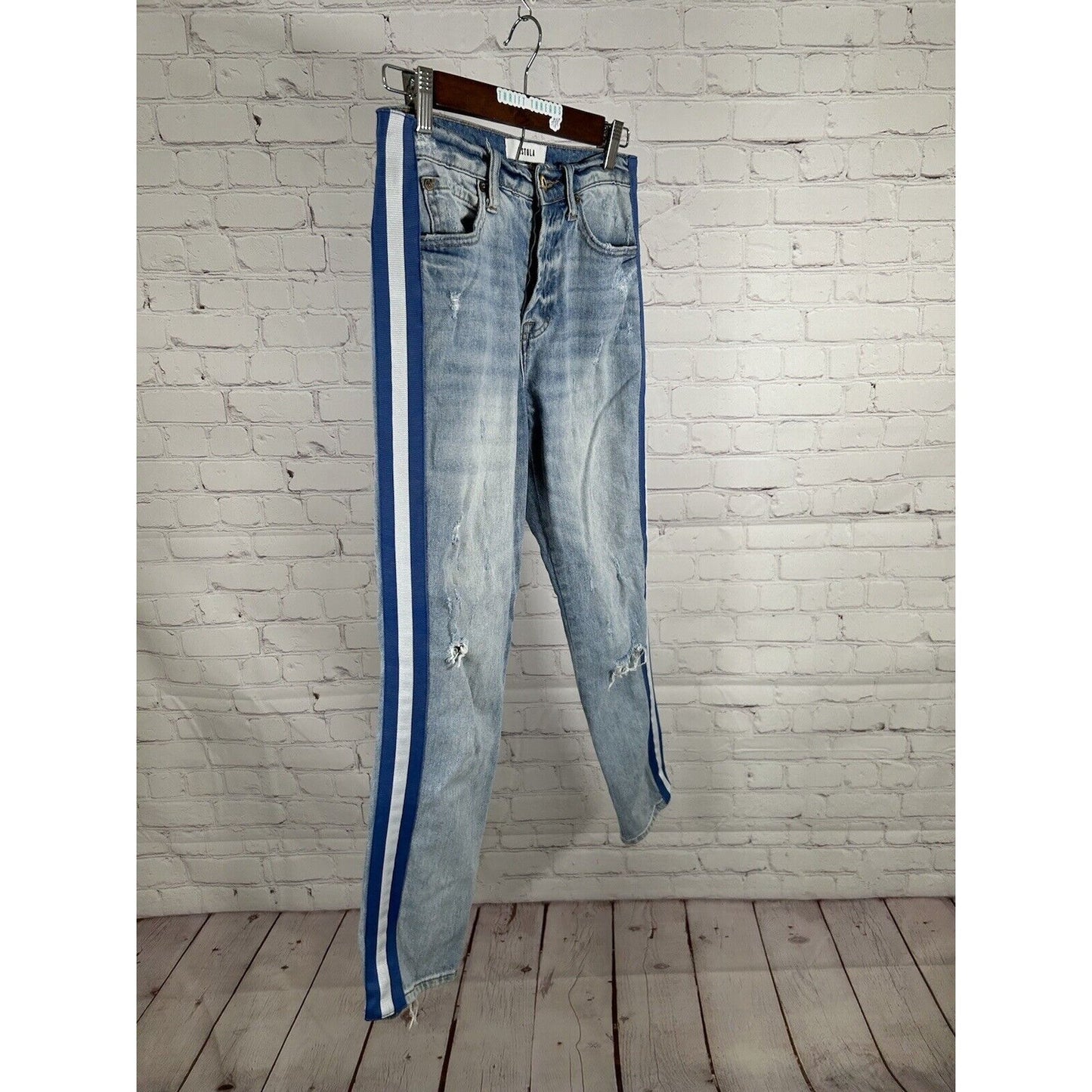 Pistola Side Stripe Distressed Light Wash Denim Tapered Jeans Women’s 25 (26x26)