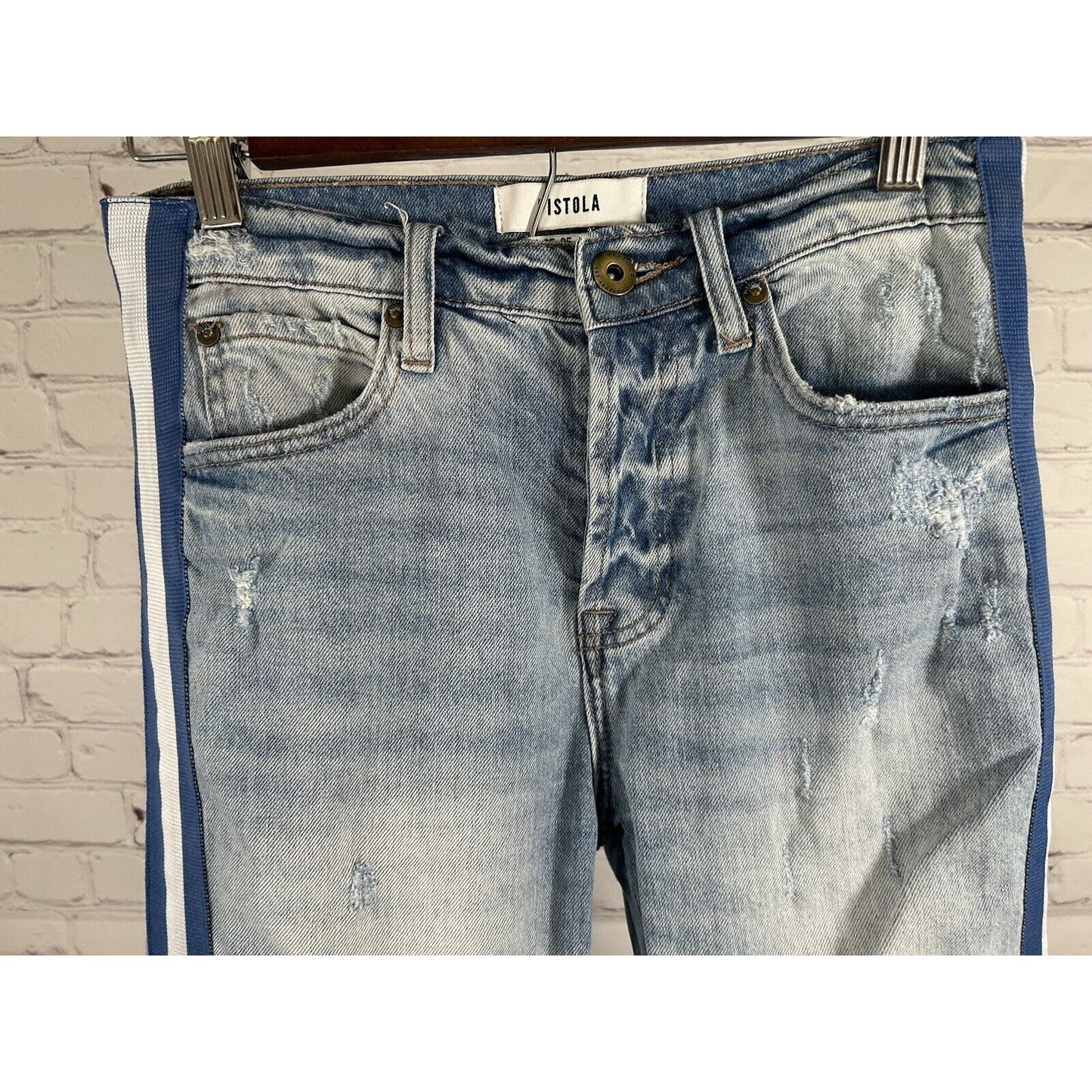Pistola Side Stripe Distressed Light Wash Denim Tapered Jeans Women’s 25 (26x26)