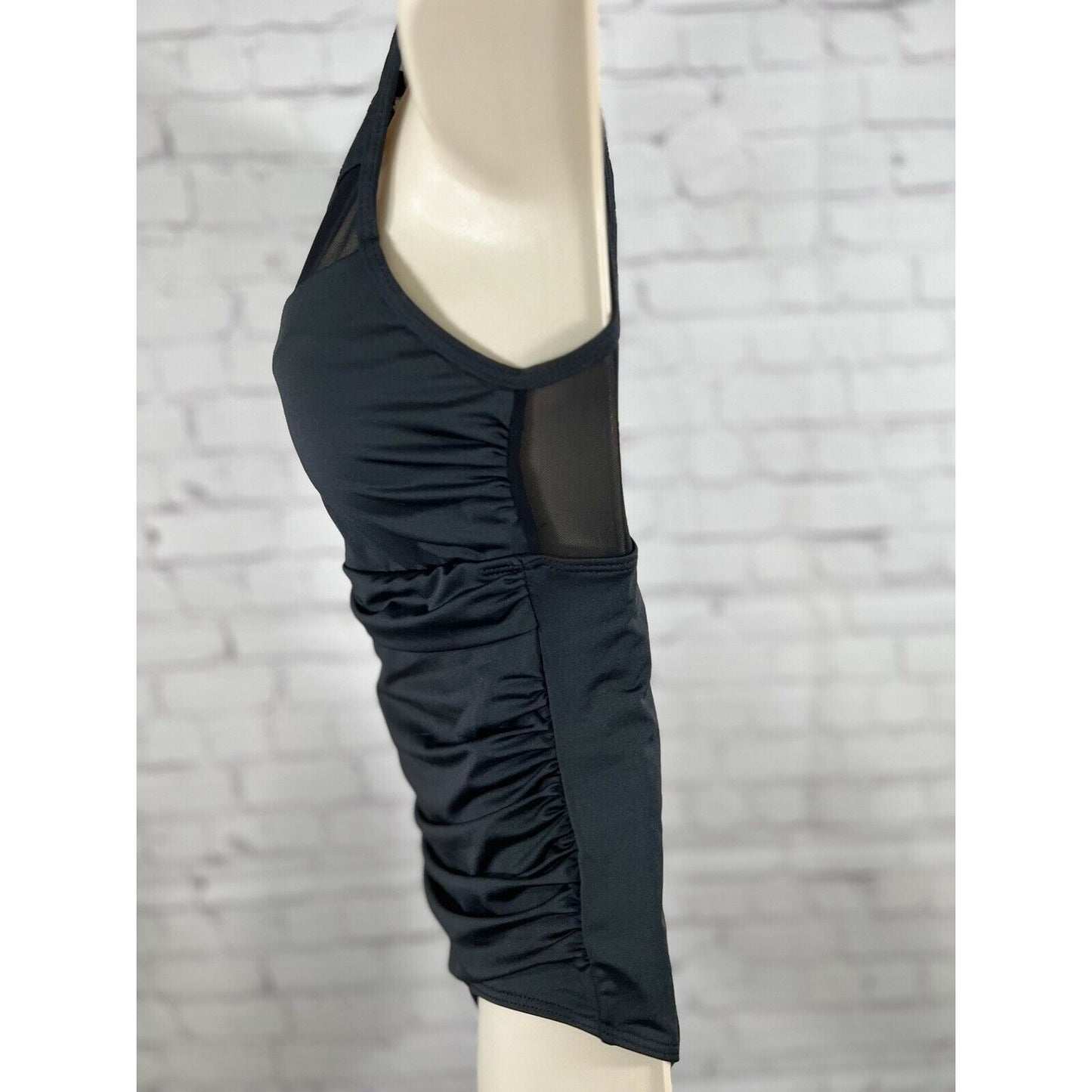 NWOT Cacelin Black Mesh High Neck Deep V Ruching One Piece Women's Swimsuit S