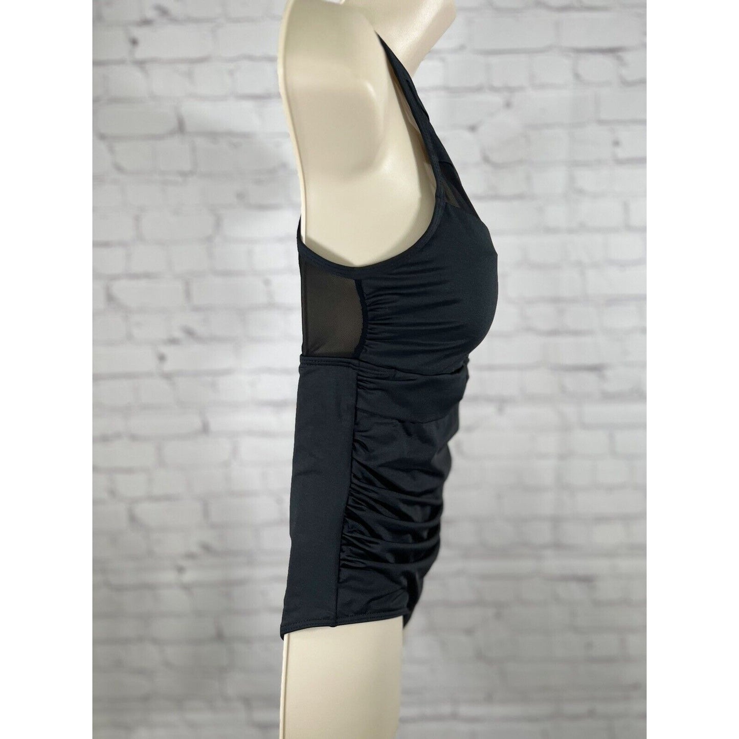 NWOT Cacelin Black Mesh High Neck Deep V Ruching One Piece Women's Swimsuit S