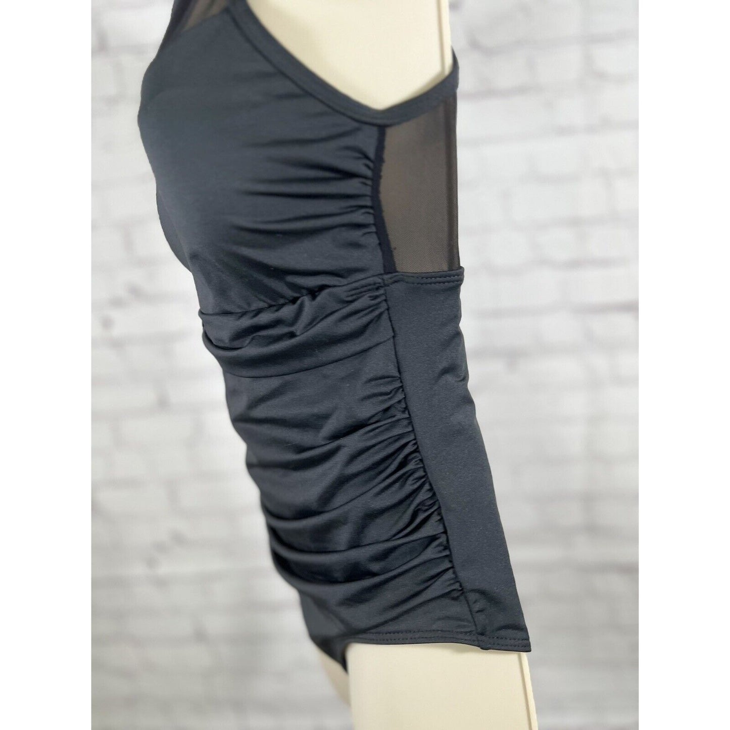 NWOT Cacelin Black Mesh High Neck Deep V Ruching One Piece Women's Swimsuit S
