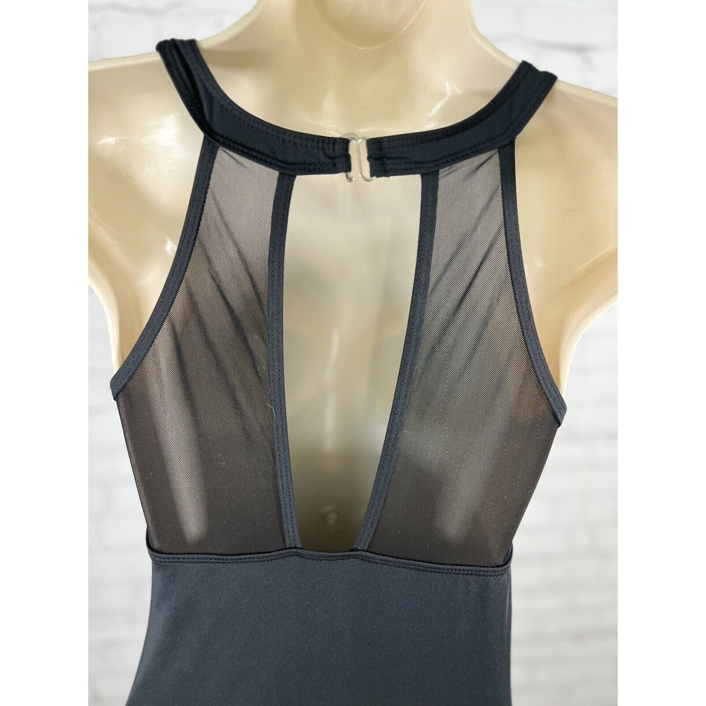 NWOT Cacelin Black Mesh High Neck Deep V Ruching One Piece Women's Swimsuit S