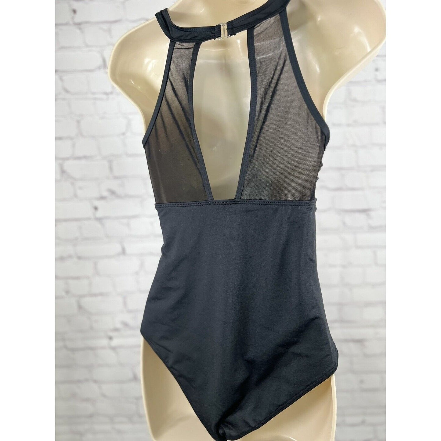 NWOT Cacelin Black Mesh High Neck Deep V Ruching One Piece Women's Swimsuit S