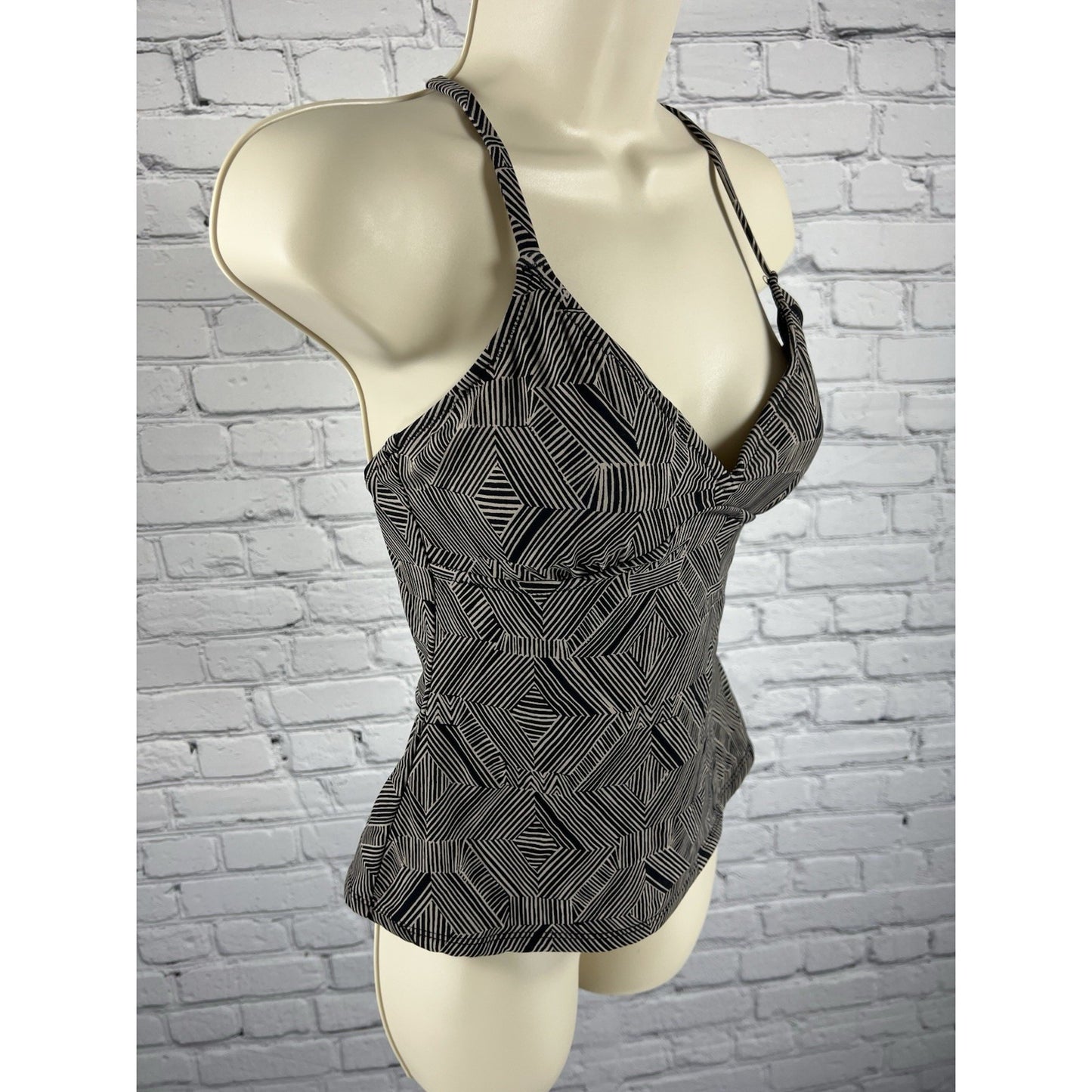 Garnet Hill Tan Black Tankini Strappy Swim Top Backless Lightly Padded Lined 02