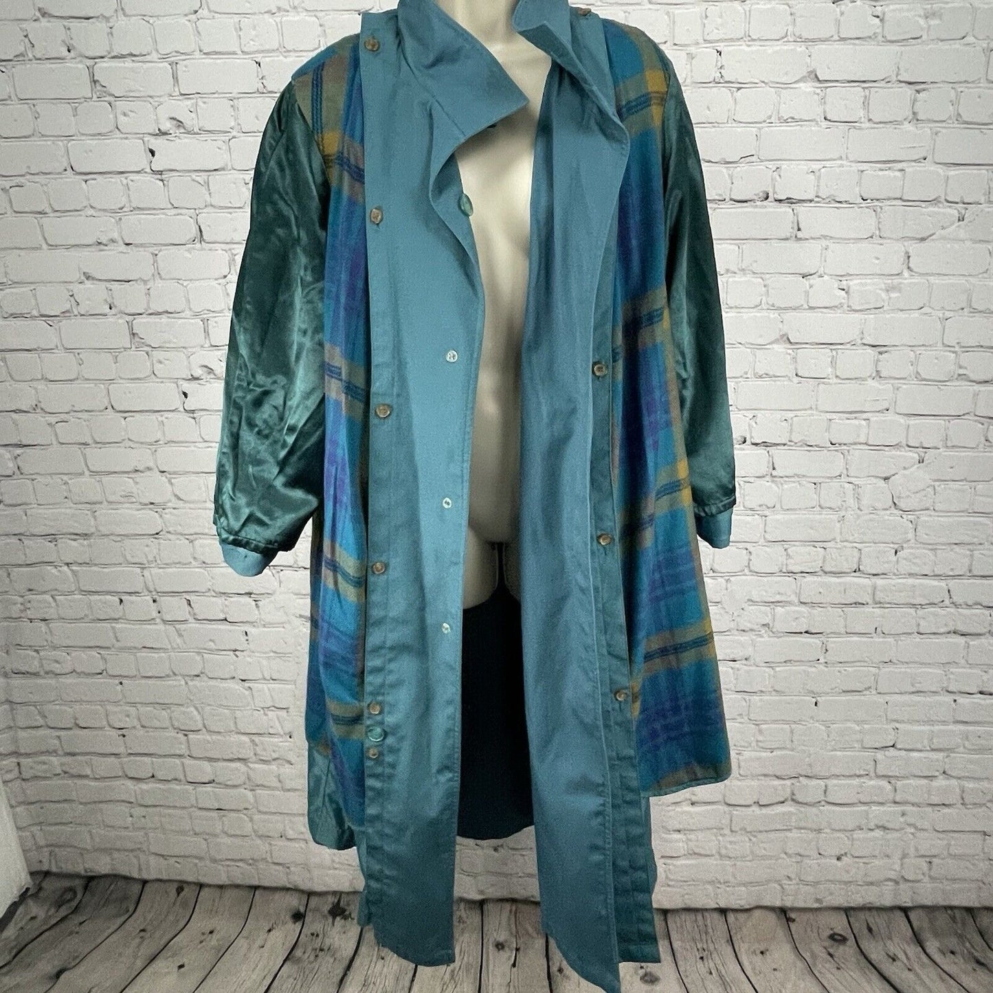 VTG Bryant Park Teal Blue Long Overcoat Lined Belted Insulated Pockets Poland XL