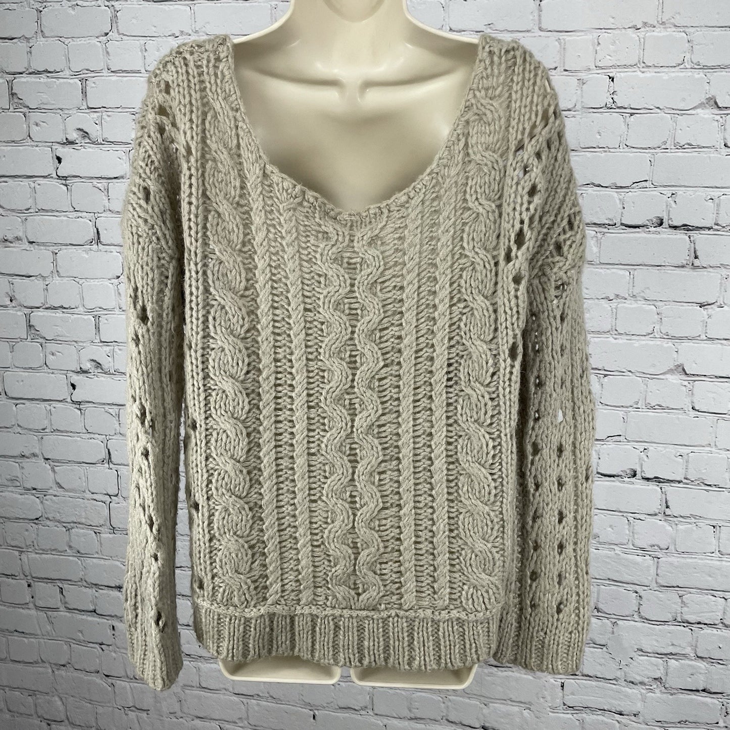 Free People Beige Wool Mohair Blend Oversized Chunky Open Knit Sweater Size XS