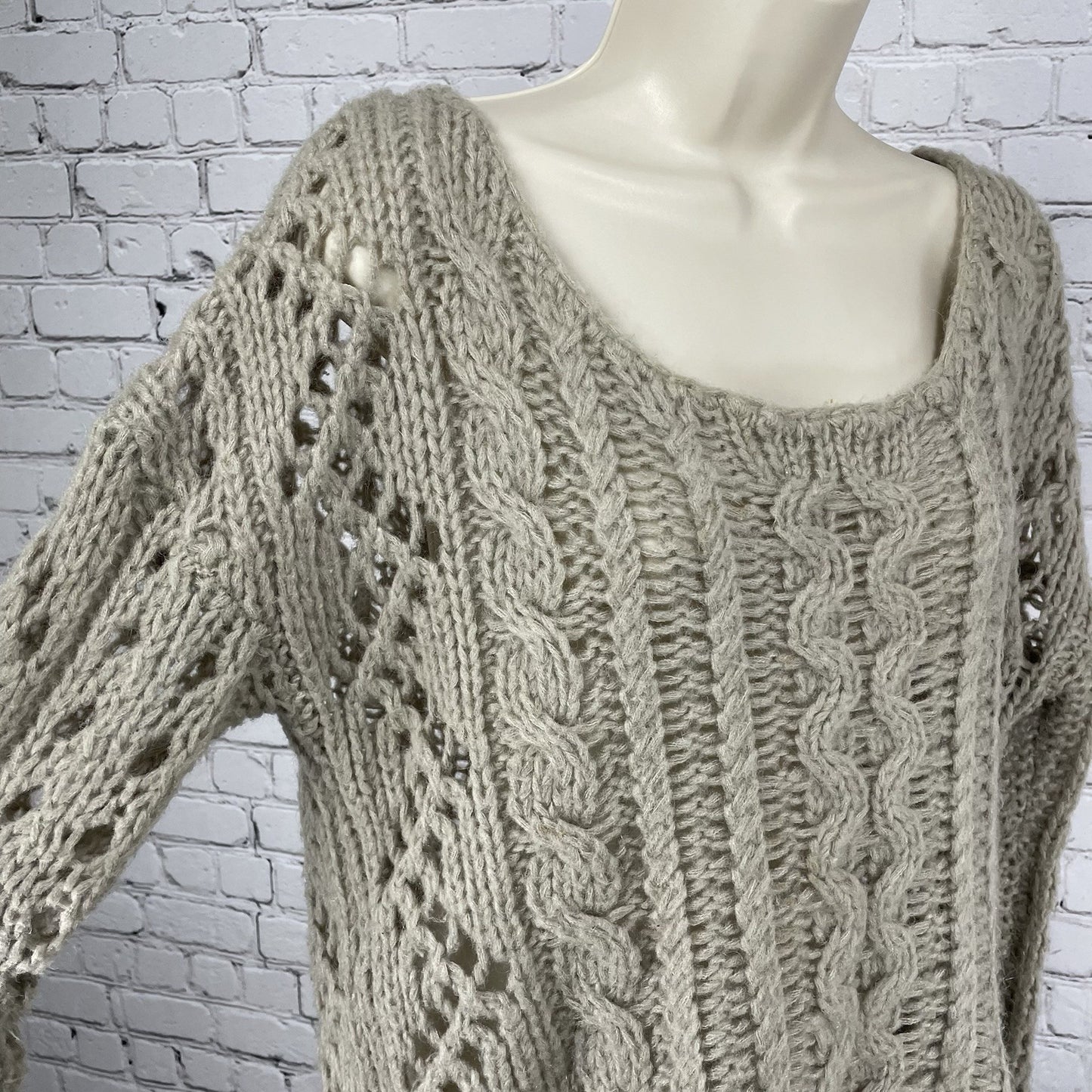 Free People Beige Wool Mohair Blend Oversized Chunky Open Knit Sweater Size XS