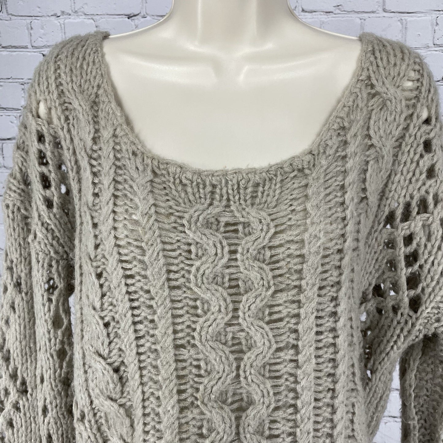 Free People Beige Wool Mohair Blend Oversized Chunky Open Knit Sweater Size XS