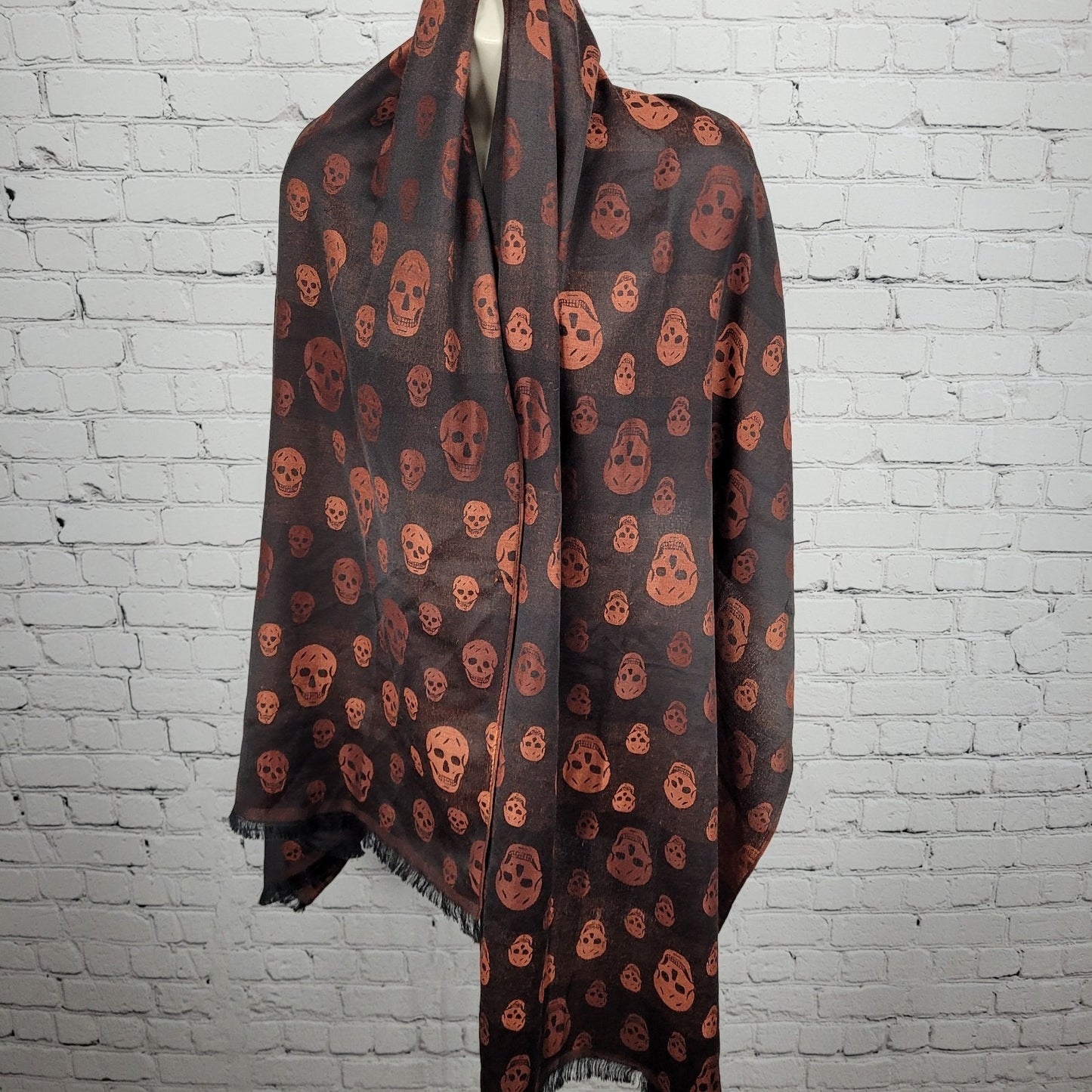 Romano Fiorenti Orange Black 100% Silk Skulls Striped Scarf Wrap Italy 74x29