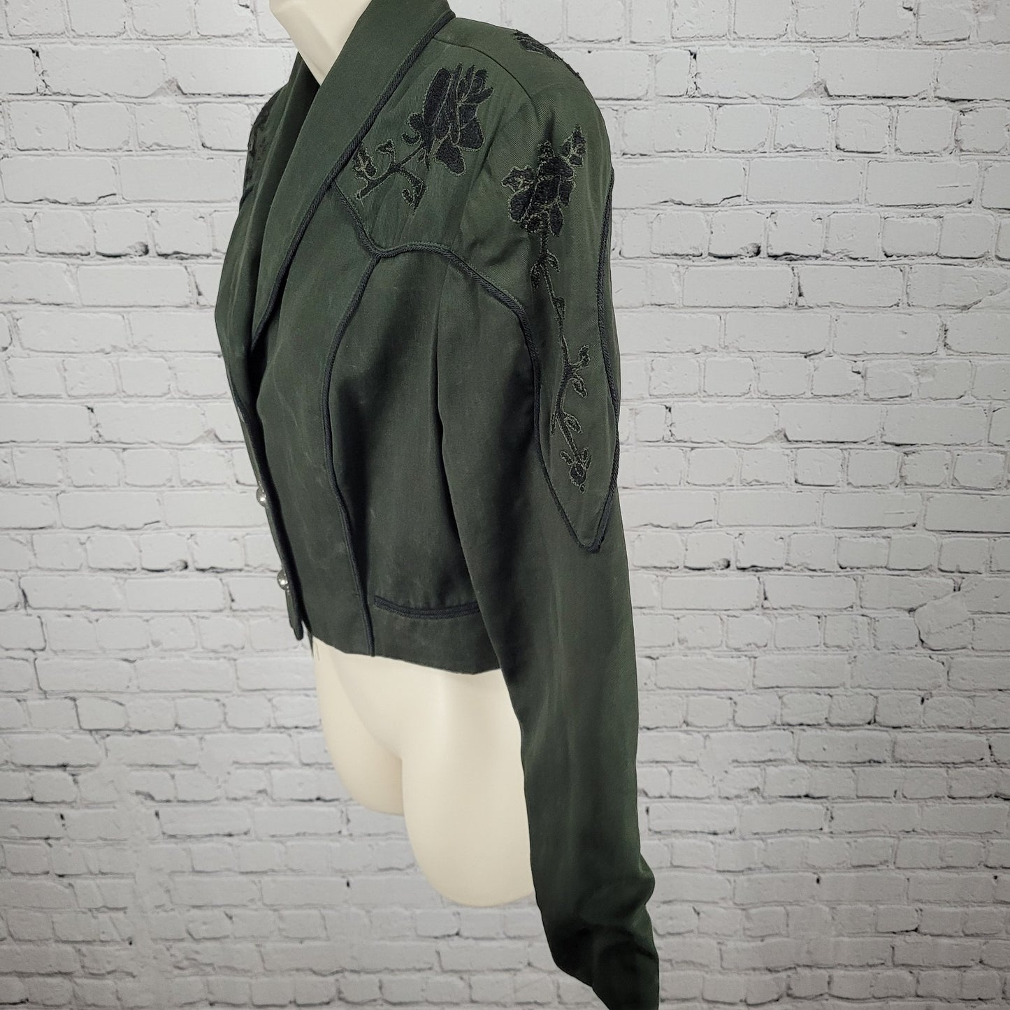 VTG Clarissa Cassandra Green Embroidered Floral Retro Crop Jacket USA Medium M