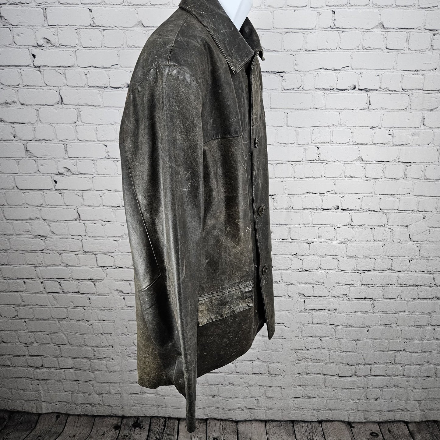Vera Pelle Brown Distressed Leather Button Pocket Jacket Coat Italy 52 US 42