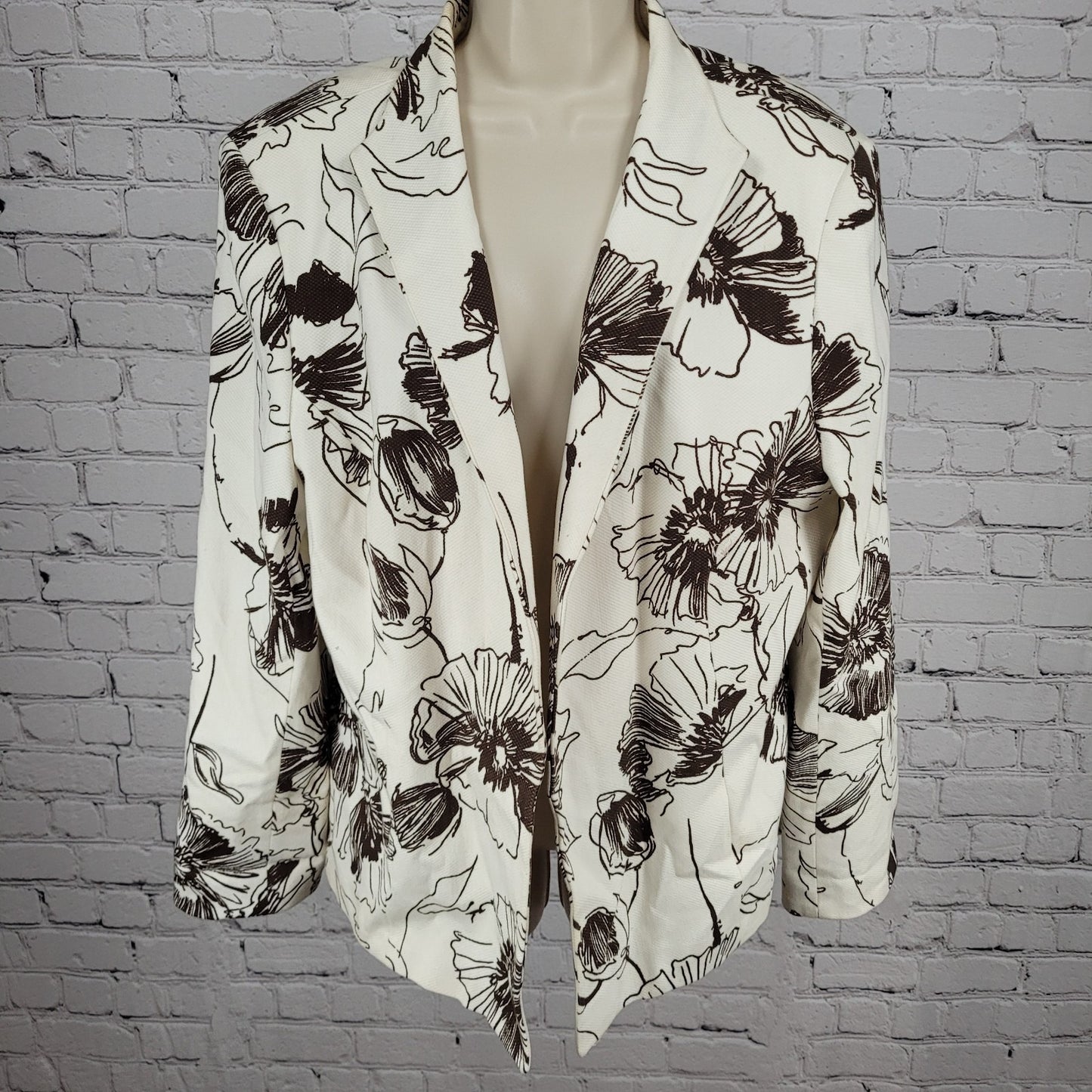 VTG Austin Reed Ivory Brown Cotton Stretch Floral Open Lined Jacket Size 14W