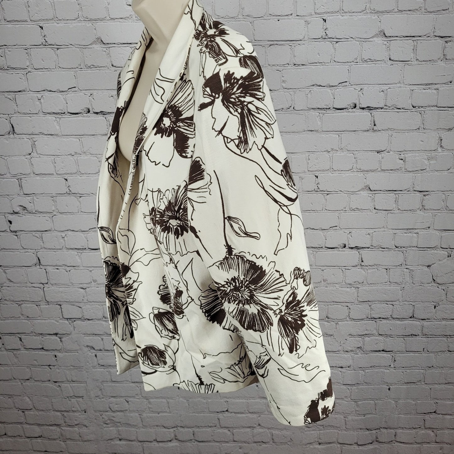 VTG Austin Reed Ivory Brown Cotton Stretch Floral Open Lined Jacket Size 14W