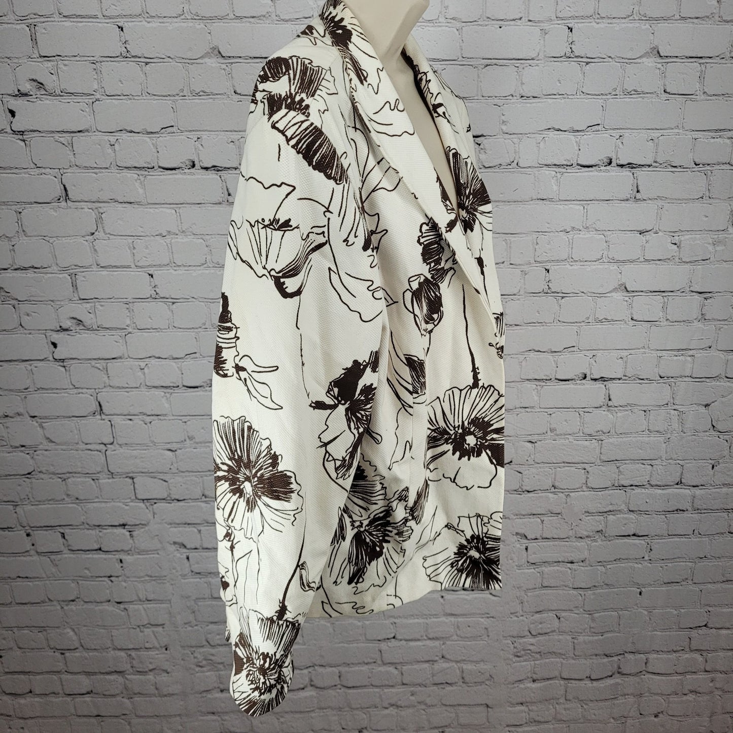 VTG Austin Reed Ivory Brown Cotton Stretch Floral Open Lined Jacket Size 14W