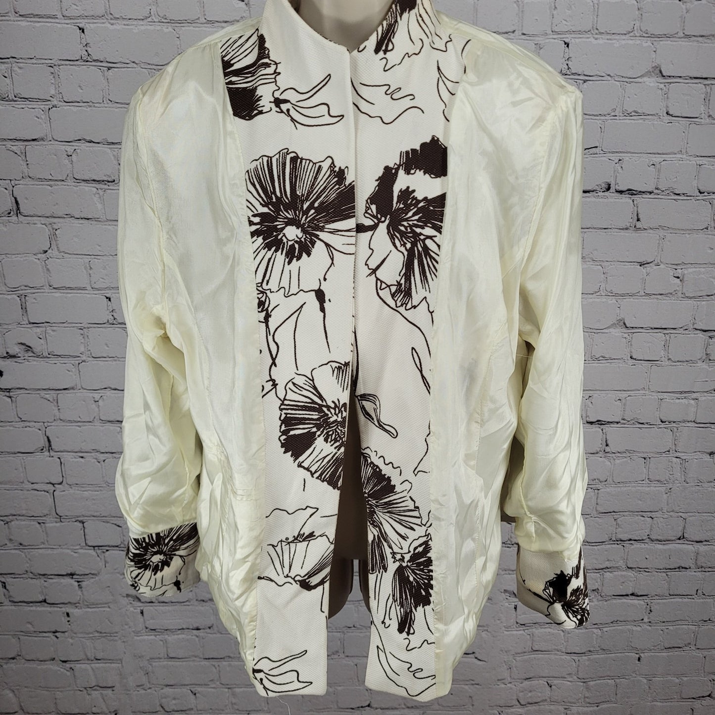VTG Austin Reed Ivory Brown Cotton Stretch Floral Open Lined Jacket Size 14W
