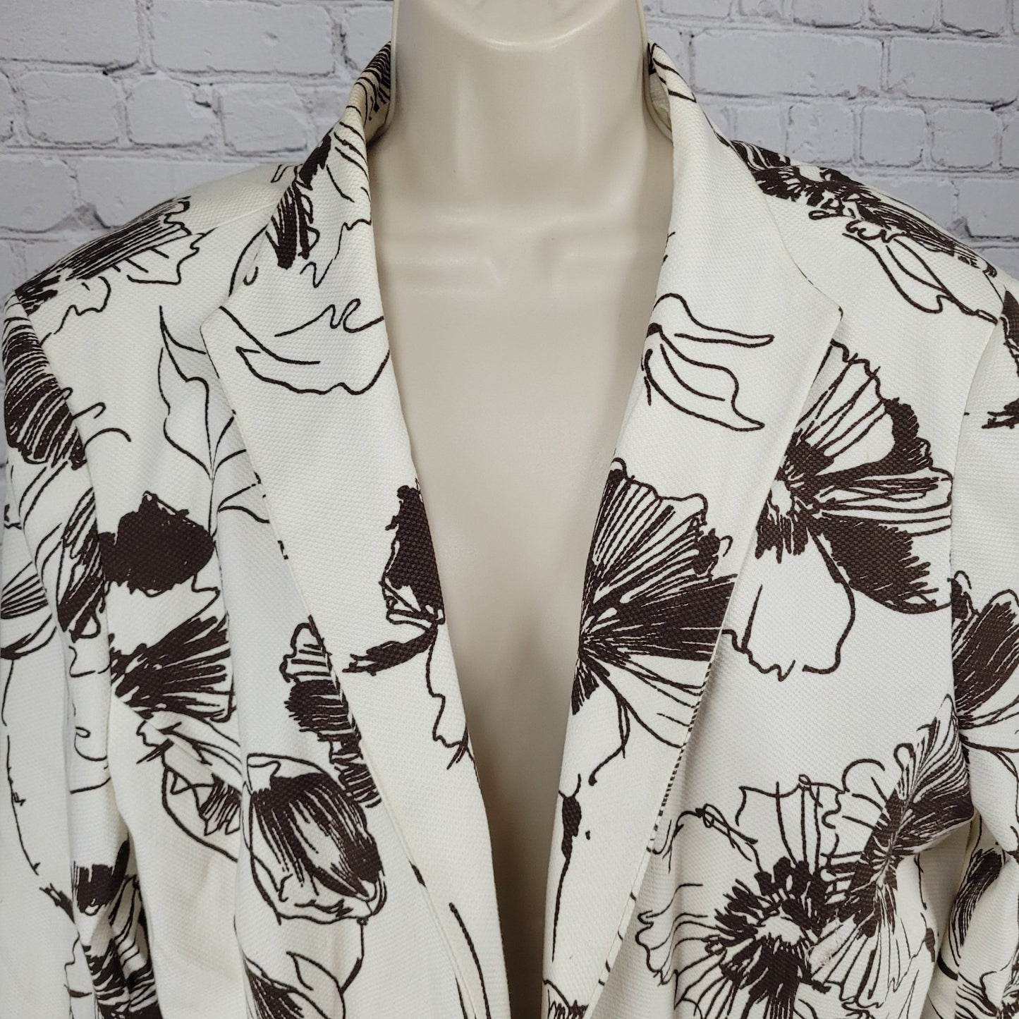 VTG Austin Reed Ivory Brown Cotton Stretch Floral Open Lined Jacket Size 14W