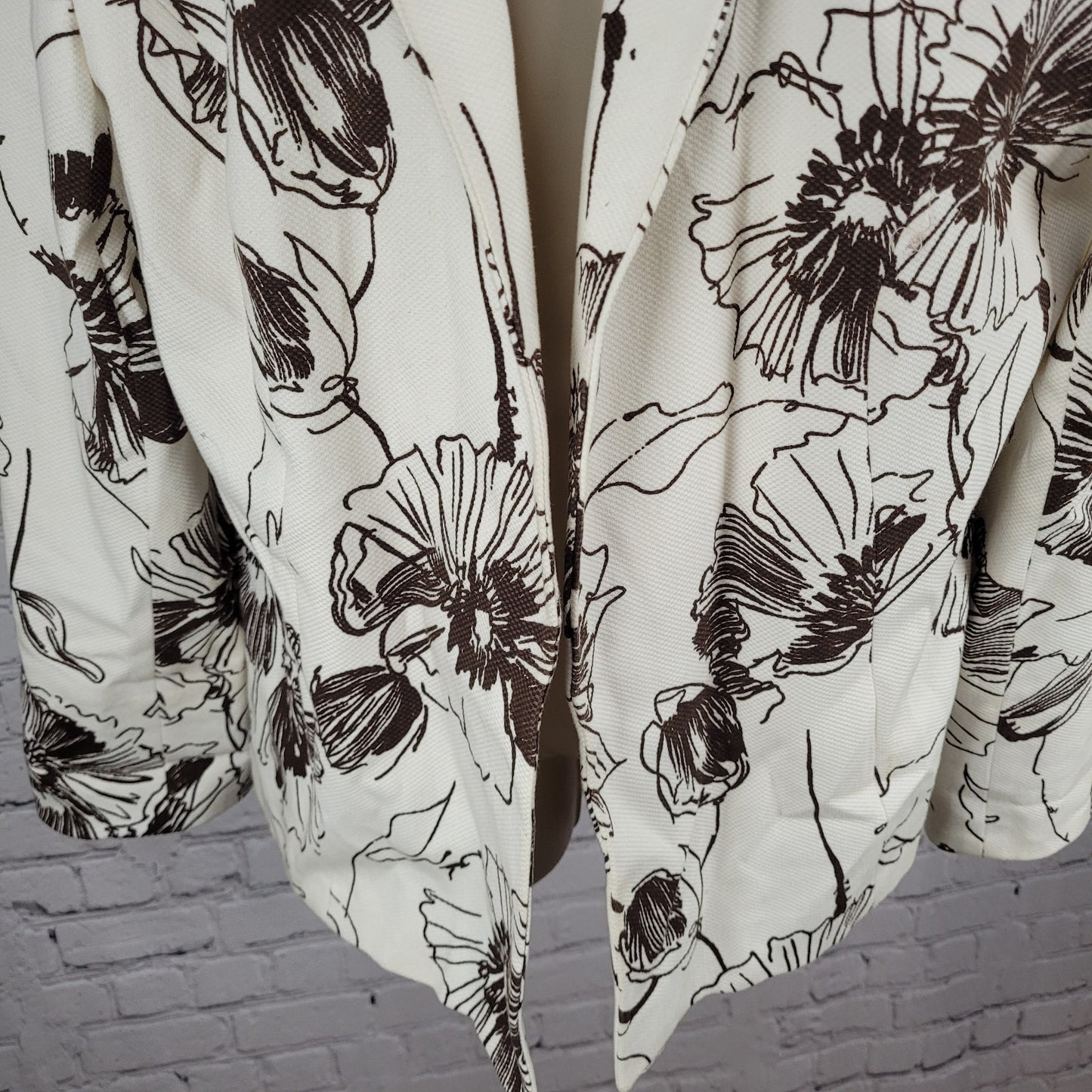 VTG Austin Reed Ivory Brown Cotton Stretch Floral Open Lined Jacket Size 14W