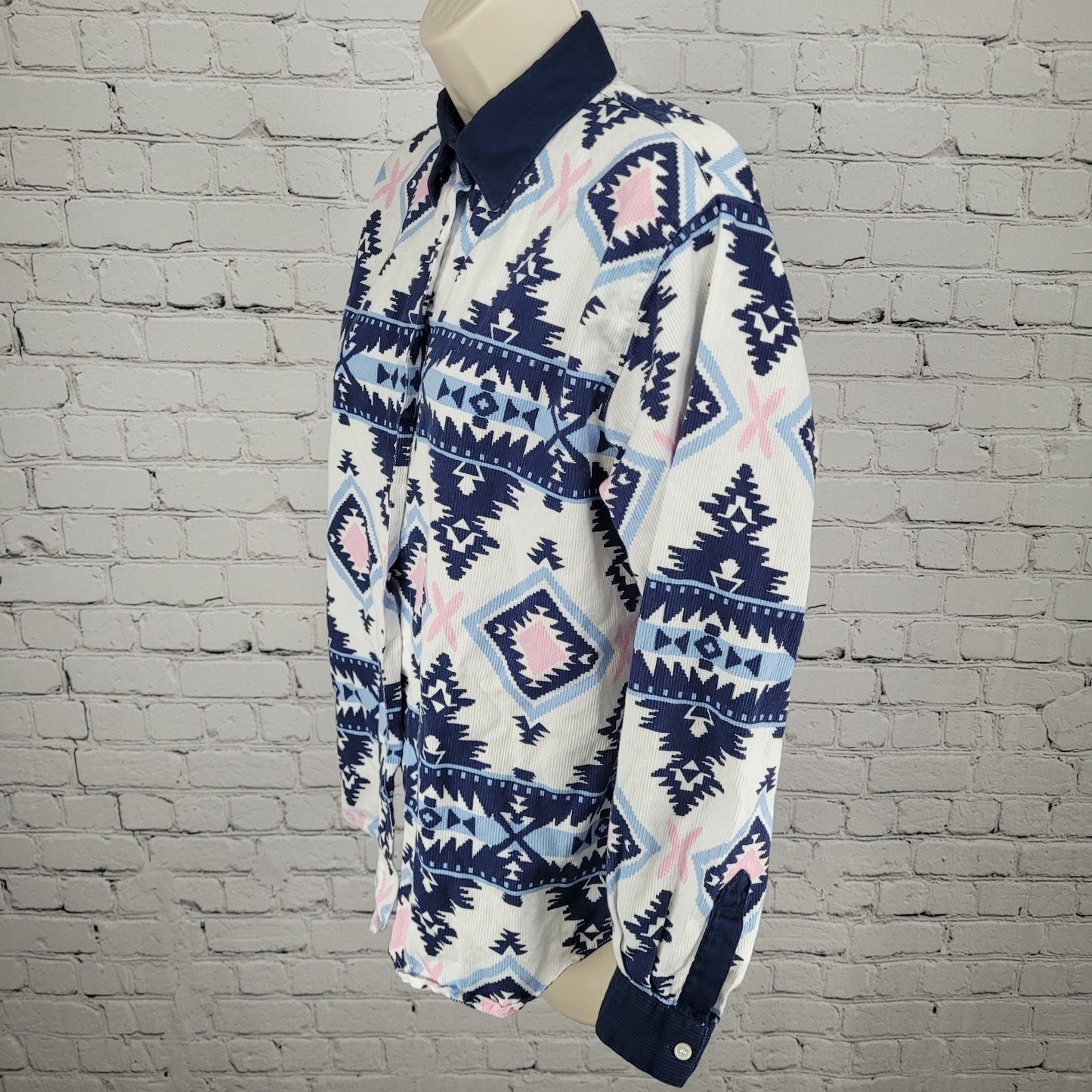 VTG Southeast Canyon Blue Pink Aztec Cotton Corduroy Button Up Shirt Large L
