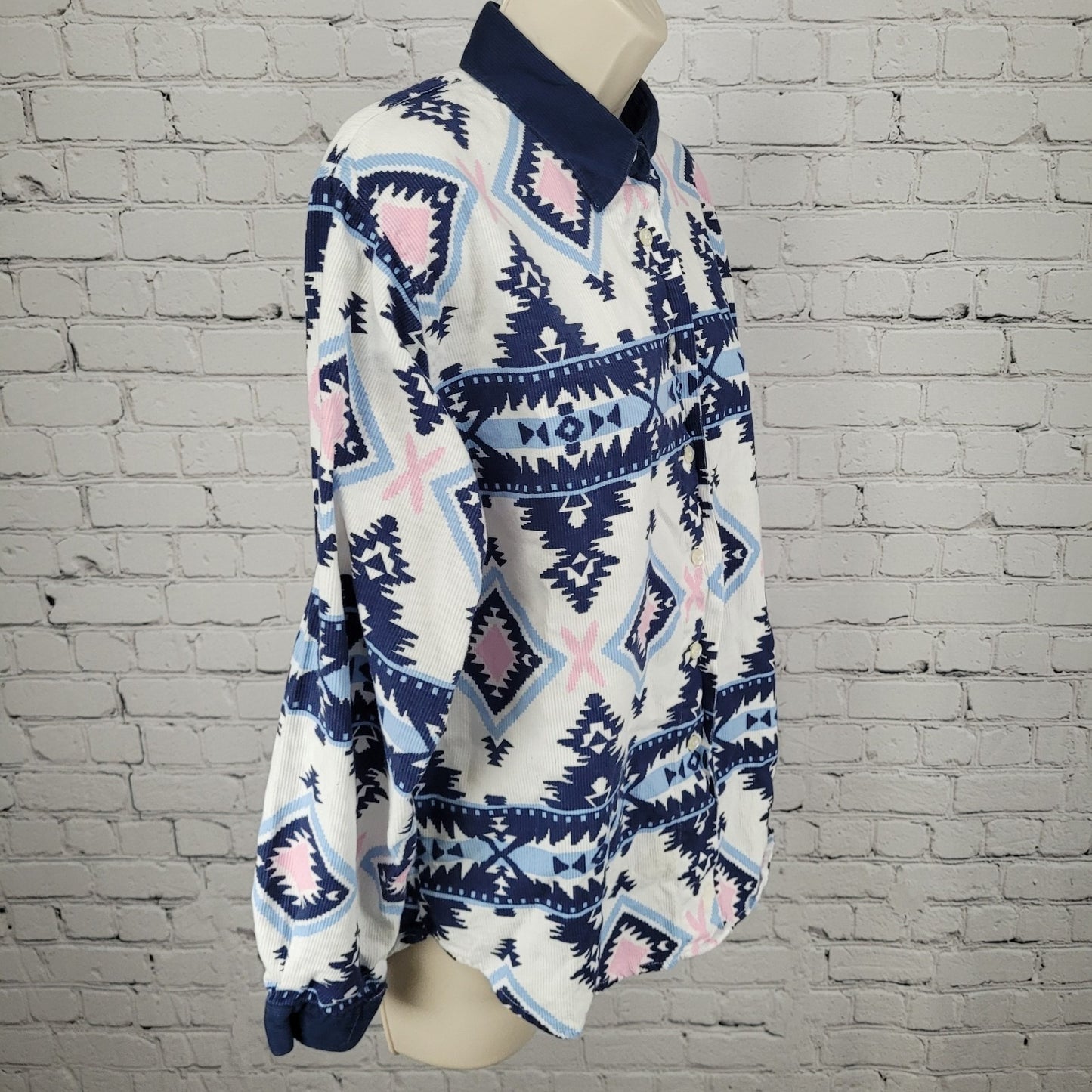VTG Southeast Canyon Blue Pink Aztec Cotton Corduroy Button Up Shirt Large L