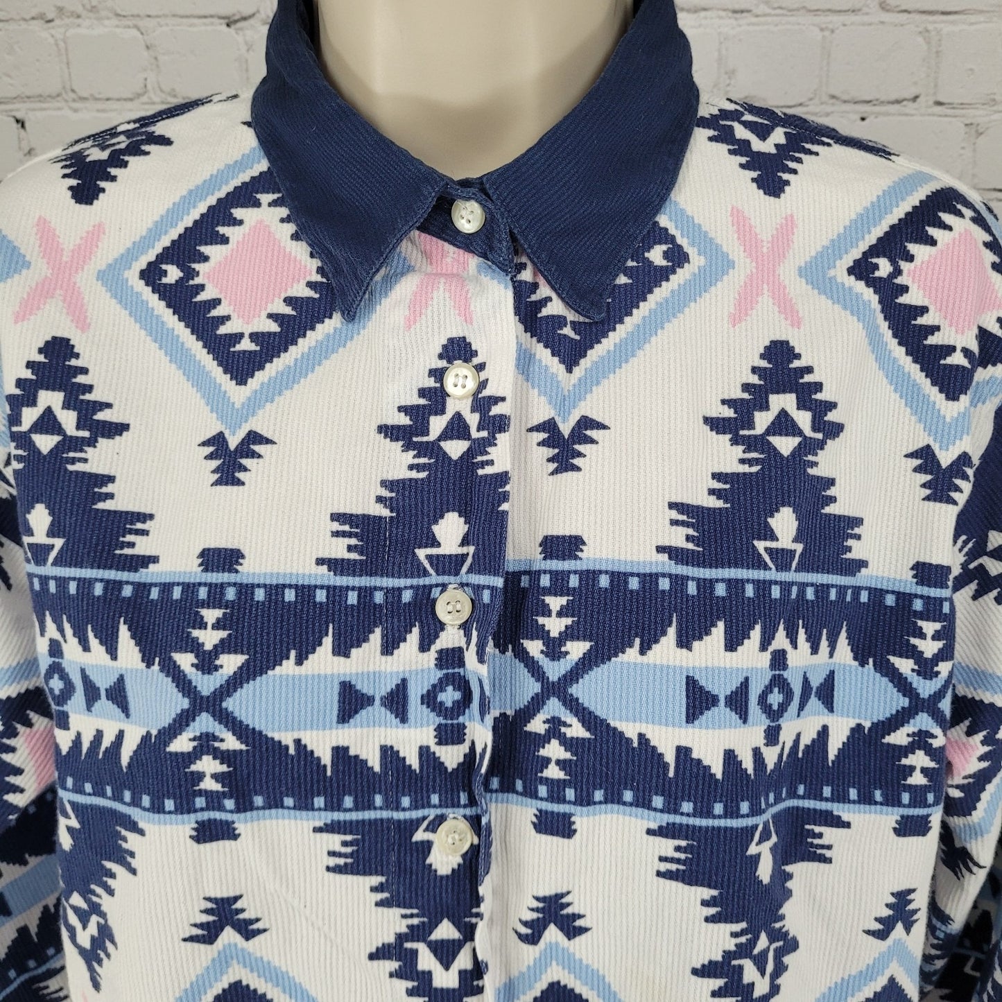 VTG Southeast Canyon Blue Pink Aztec Cotton Corduroy Button Up Shirt Large L