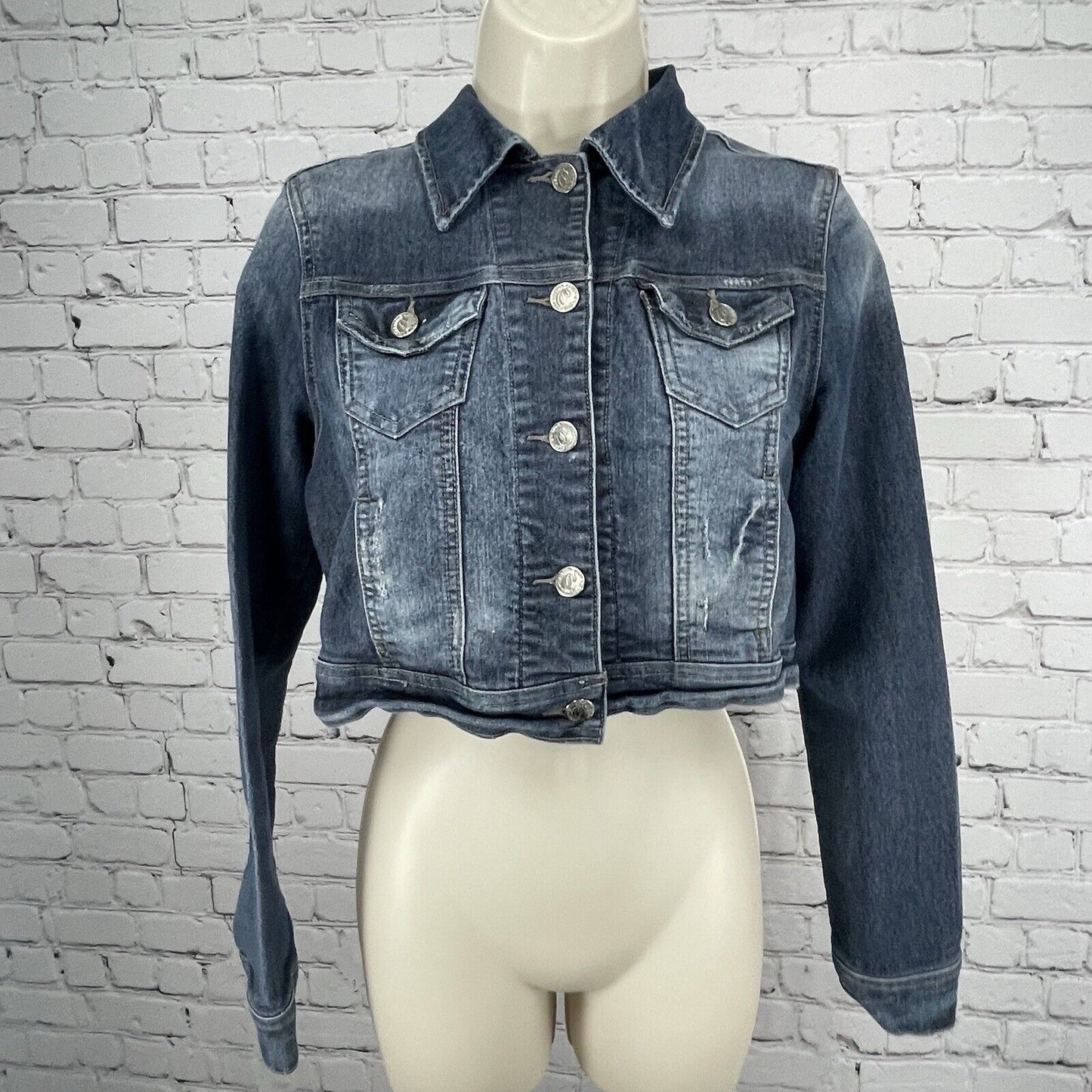 Cello Denimwear Cropped Denim Jacket 5 Button Collared Pockets Size Medium M