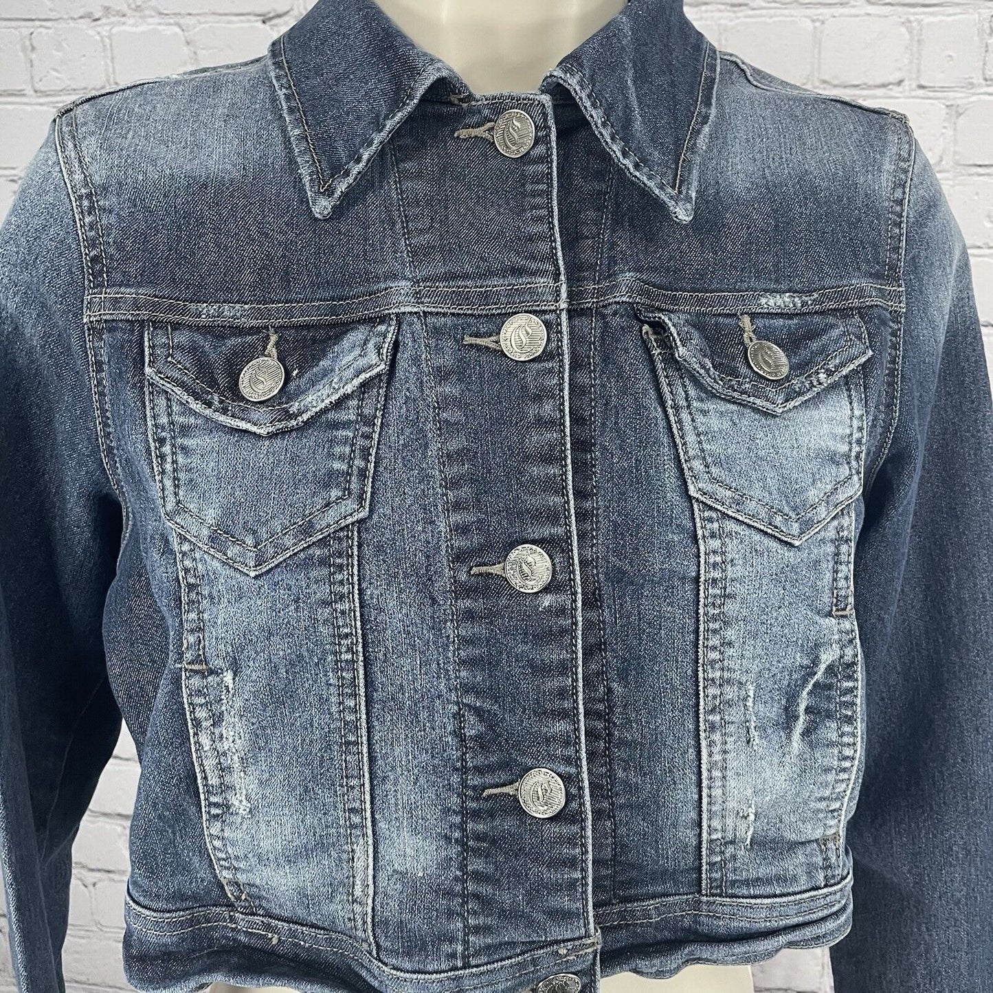 Cello Denimwear Cropped Denim Jacket 5 Button Collared Pockets Size Medium M