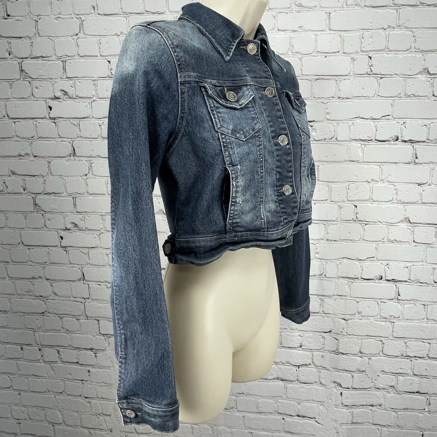 Cello Denimwear Cropped Denim Jacket 5 Button Collared Pockets Size Medium M