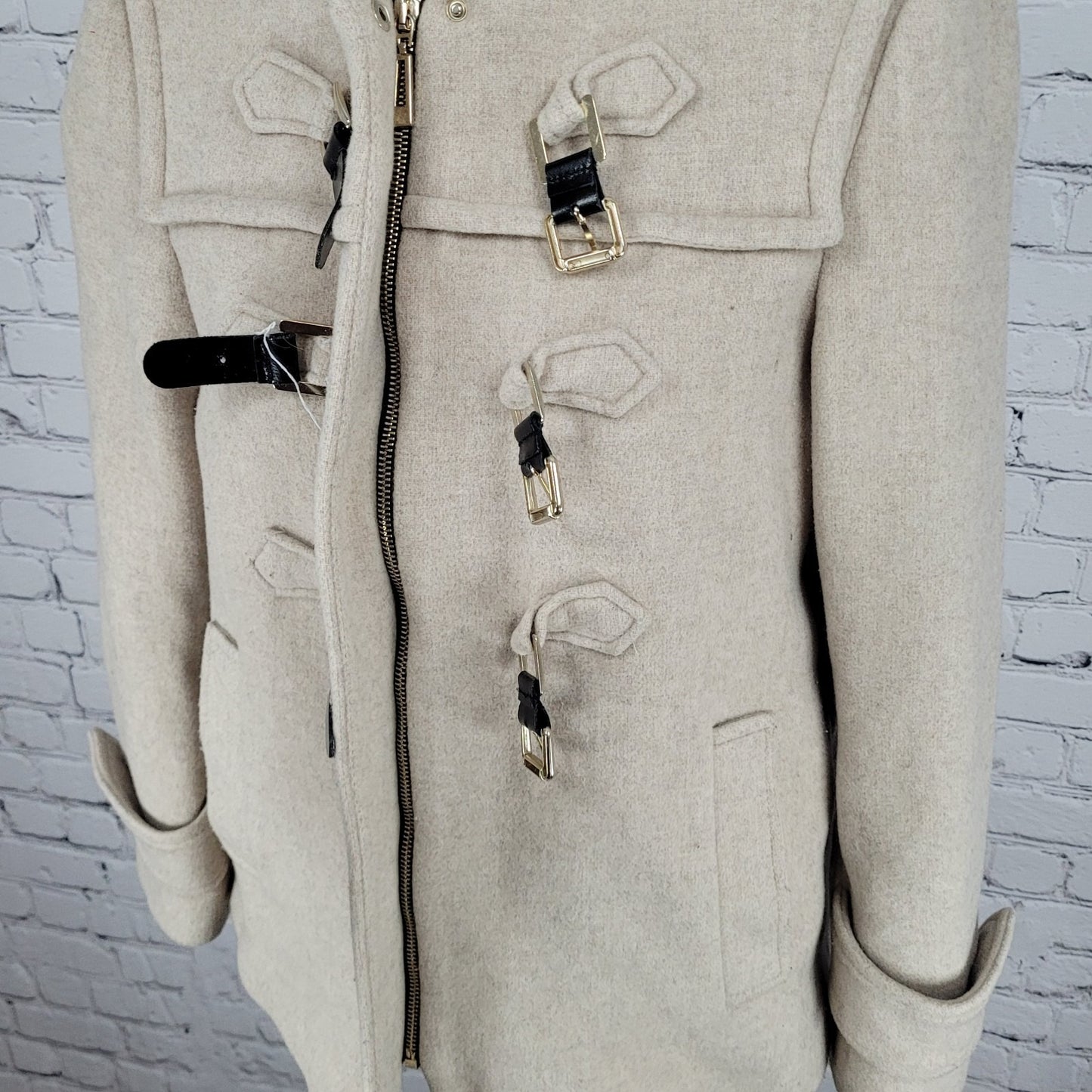 Zara Woman Tan Gold Buckle Full Zip Hooded Pockets Lined Jacket Size Small S