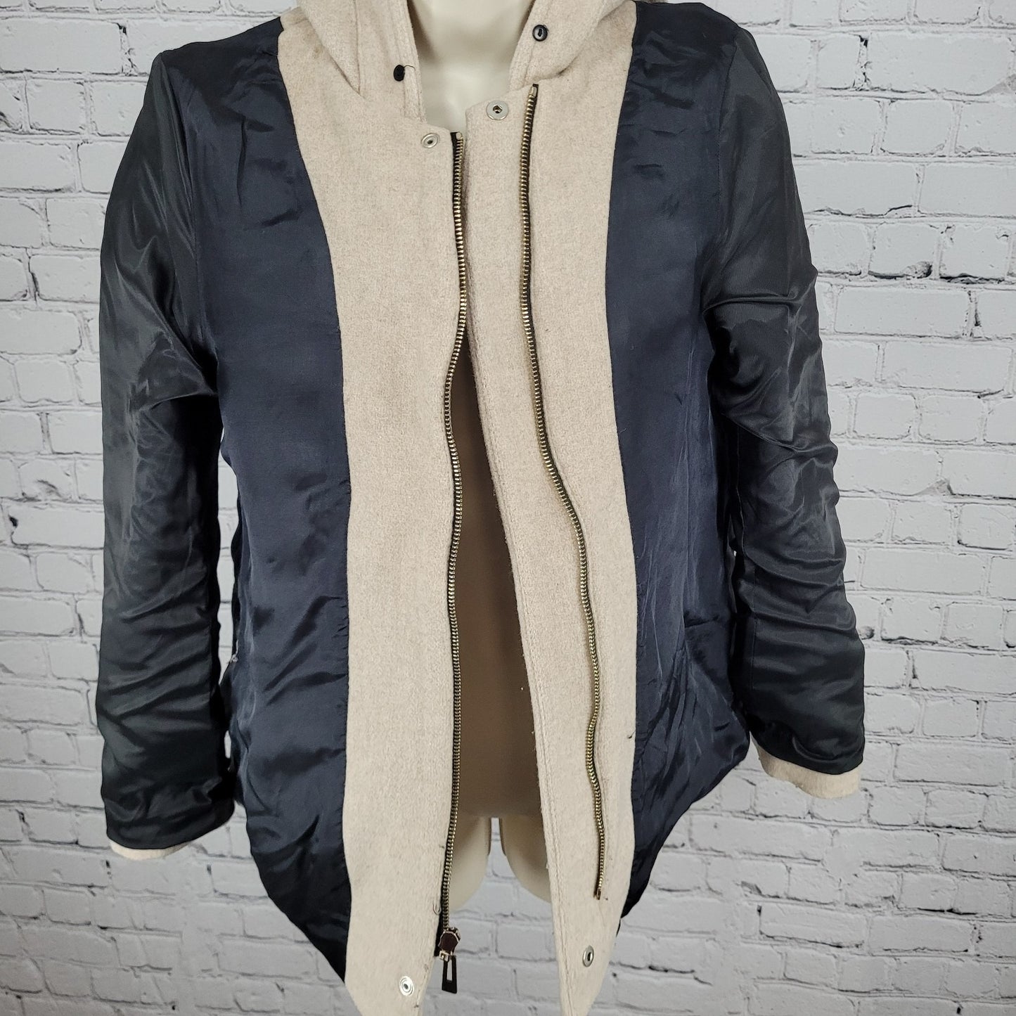 Zara Woman Tan Gold Buckle Full Zip Hooded Pockets Lined Jacket Size Small S