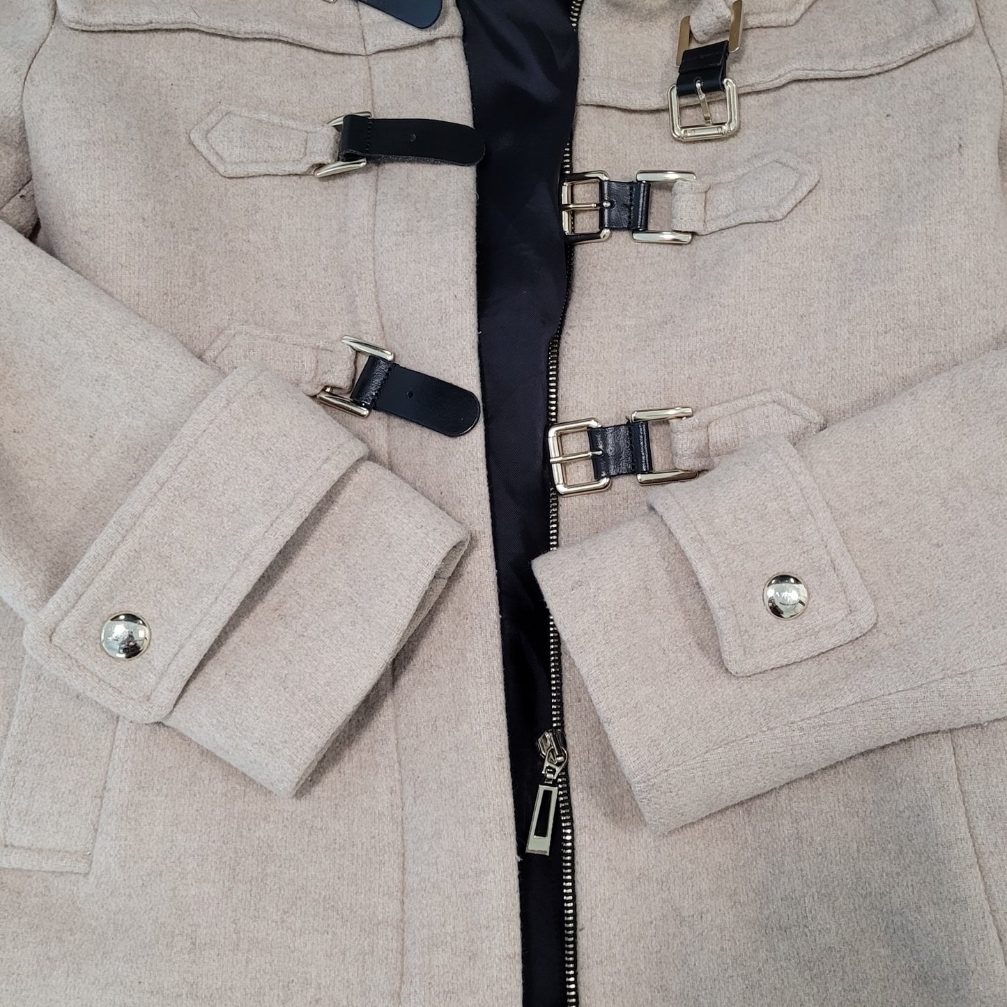 Zara Woman Tan Gold Buckle Full Zip Hooded Pockets Lined Jacket Size Small S