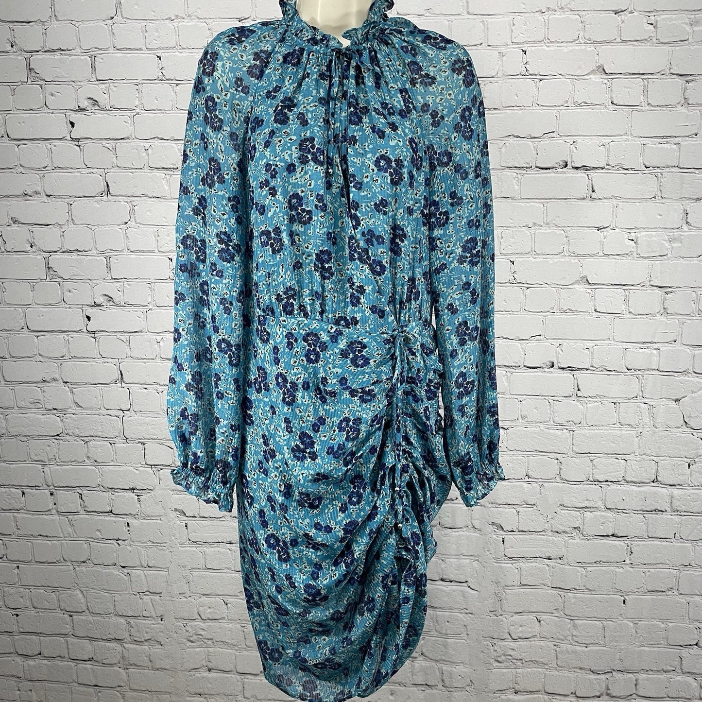 Veronica Beard Blue Silk Chiffon Ruffle Keyhole Neck Zipped Tie Dress Size 10