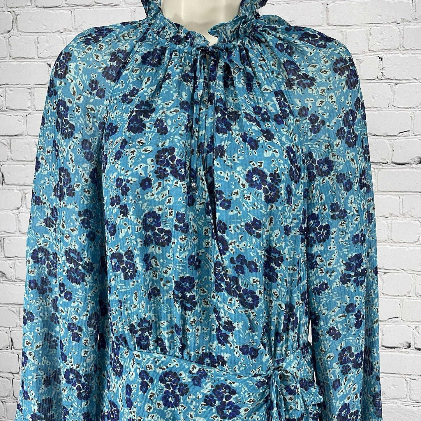 Veronica Beard Blue Silk Chiffon Ruffle Keyhole Neck Zipped Tie Dress Size 10