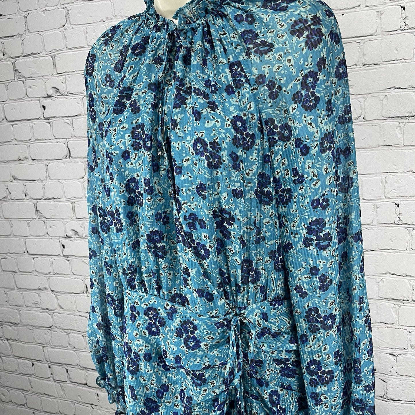 Veronica Beard Blue Silk Chiffon Ruffle Keyhole Neck Zipped Tie Dress Size 10