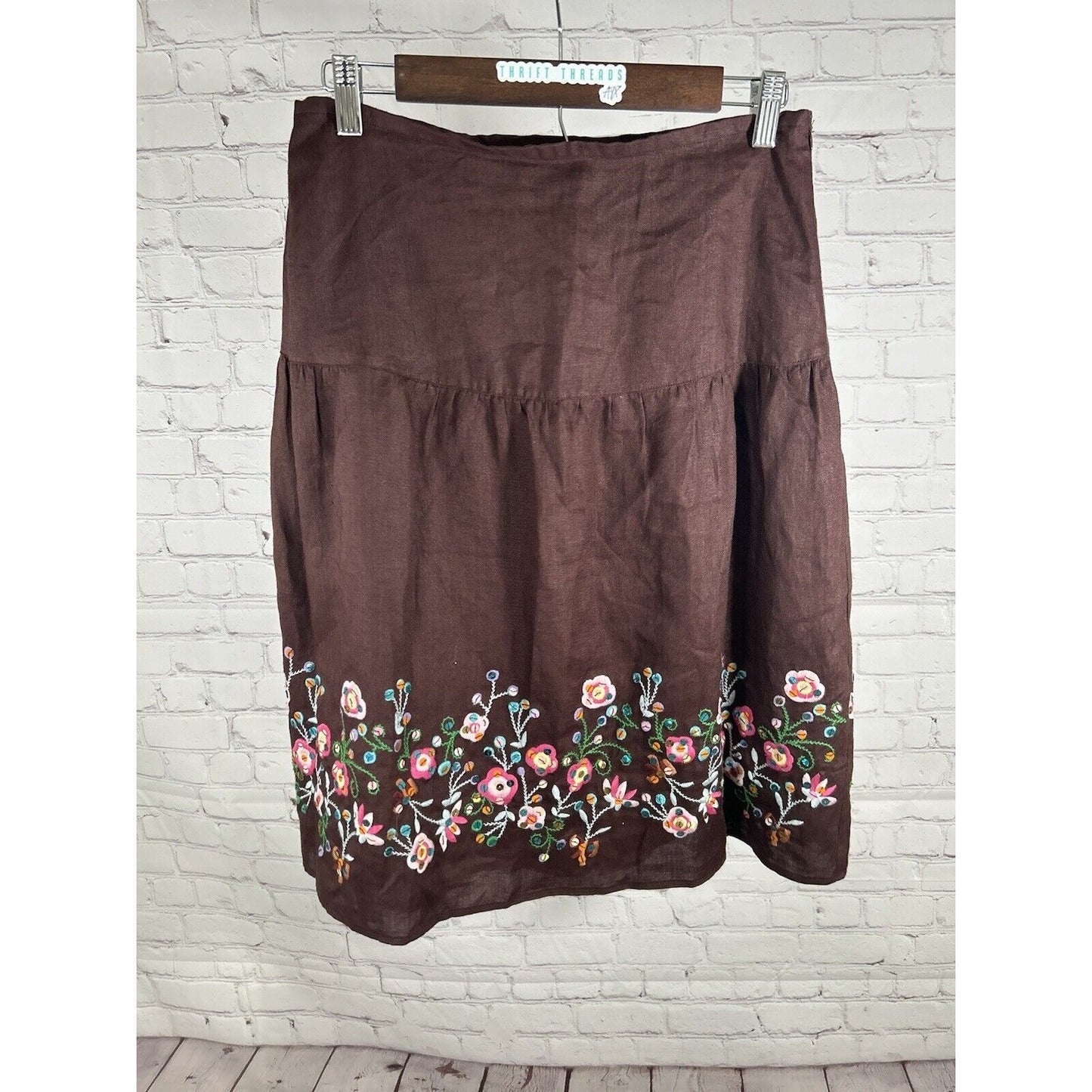 Vintage Carole Little Brown Midi Linen Embroidered A-Line Sequined Skirt 6 EUC