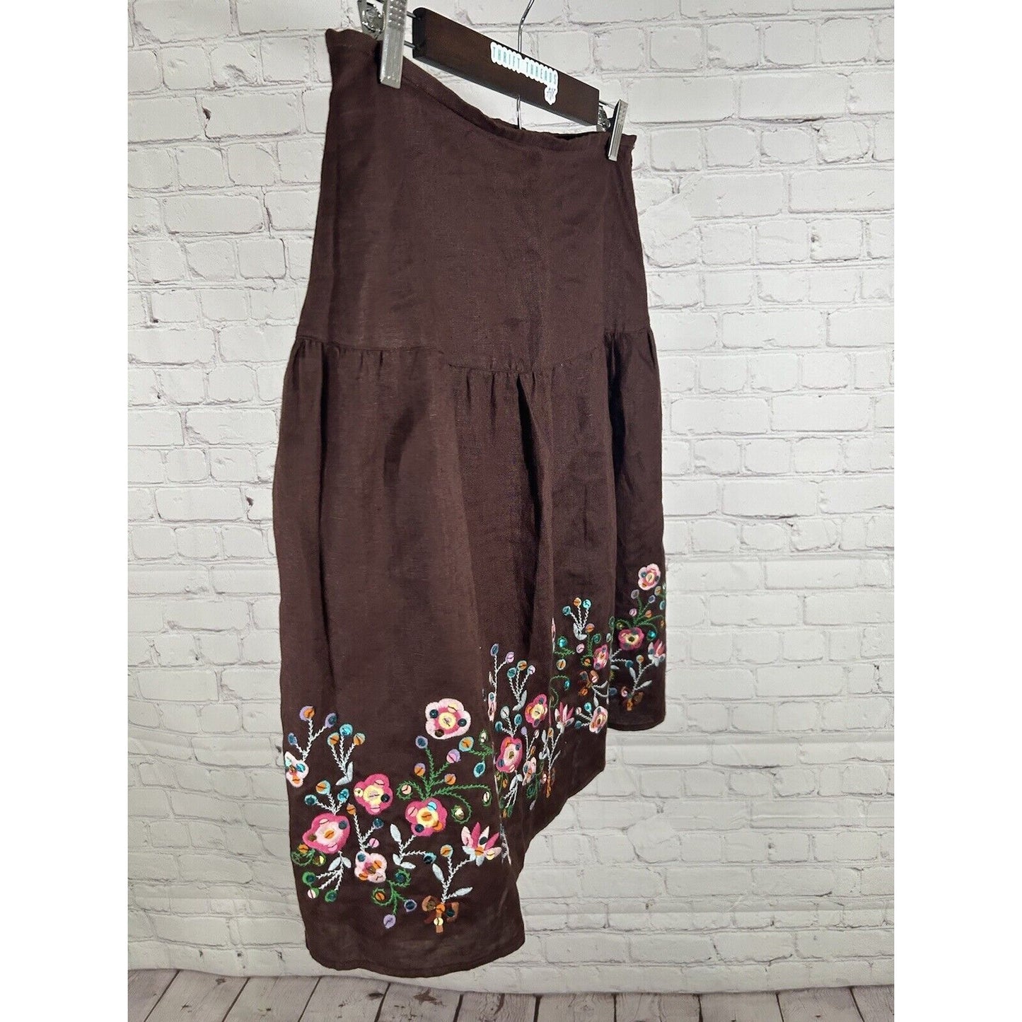 Vintage Carole Little Brown Midi Linen Embroidered A-Line Sequined Skirt 6 EUC