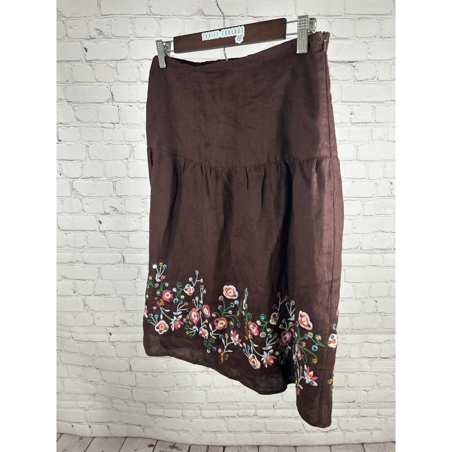 Vintage Carole Little Brown Midi Linen Embroidered A-Line Sequined Skirt 6 EUC