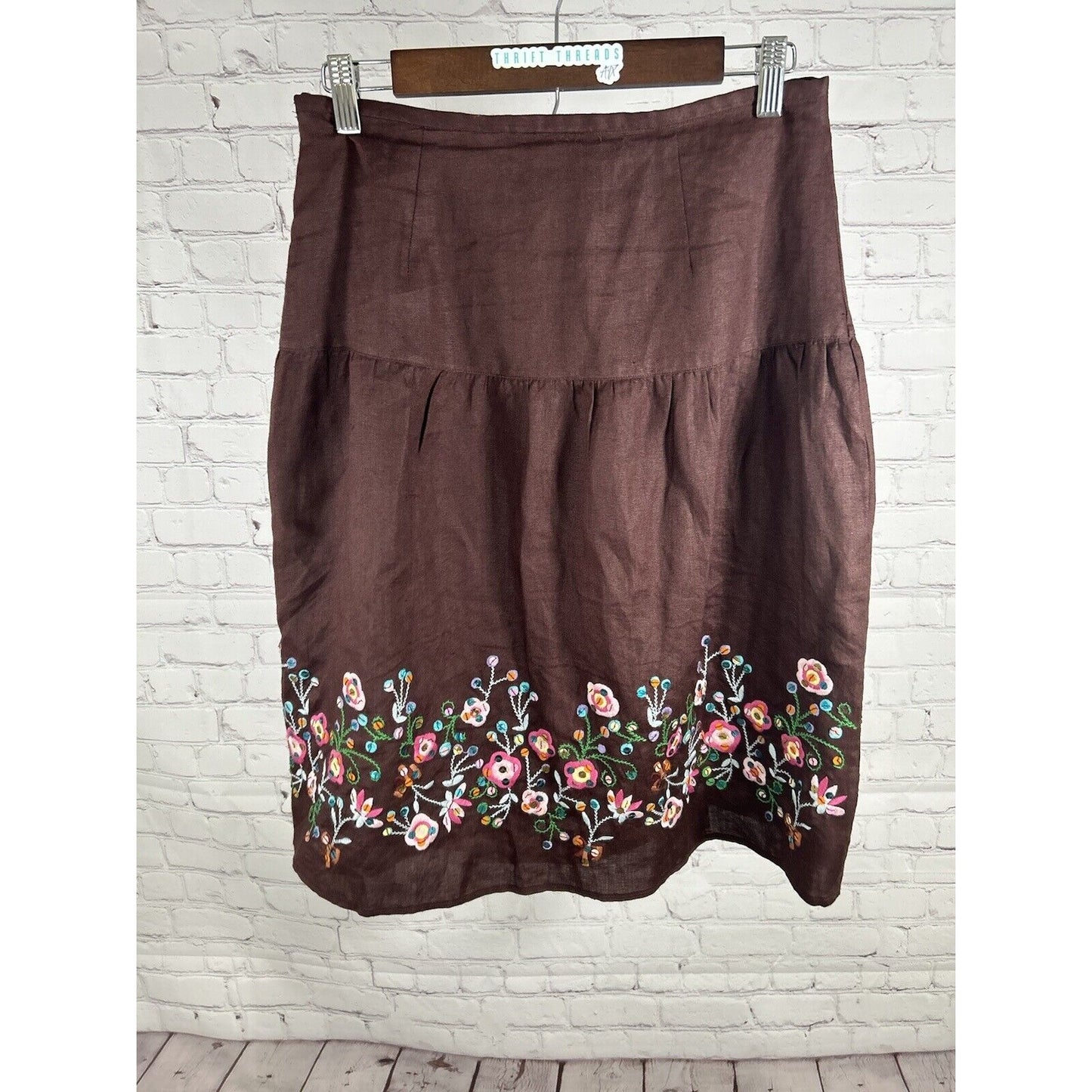 Vintage Carole Little Brown Midi Linen Embroidered A-Line Sequined Skirt 6 EUC